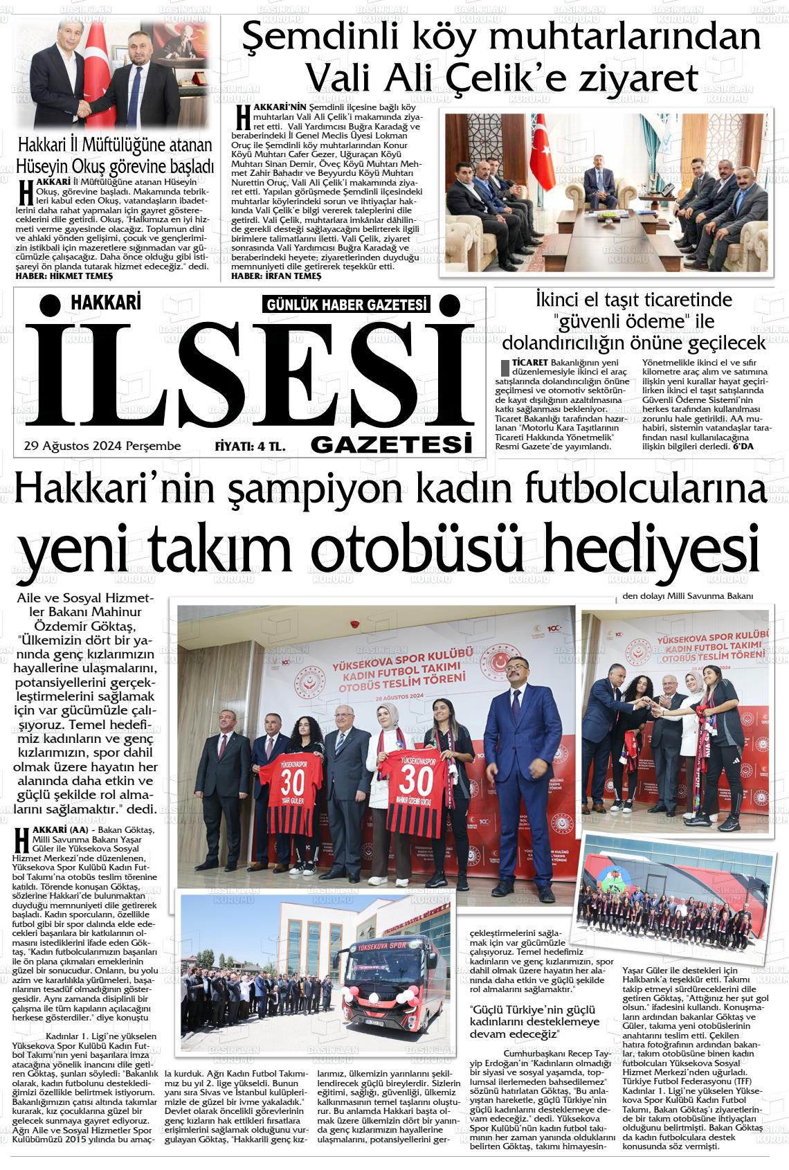 29 Ağustos 2024 Hakkari İl Sesi Gazete Manşeti