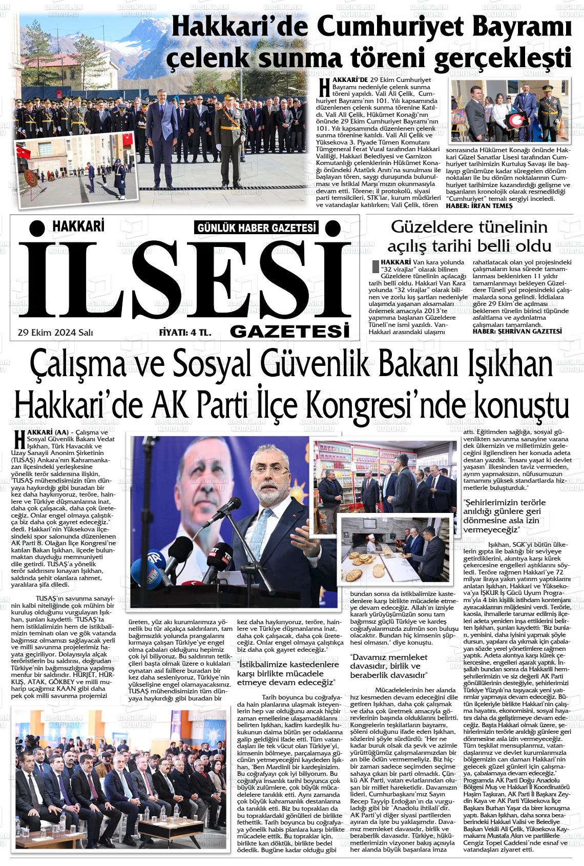 29 Ekim 2024 Hakkari İl Sesi Gazete Manşeti