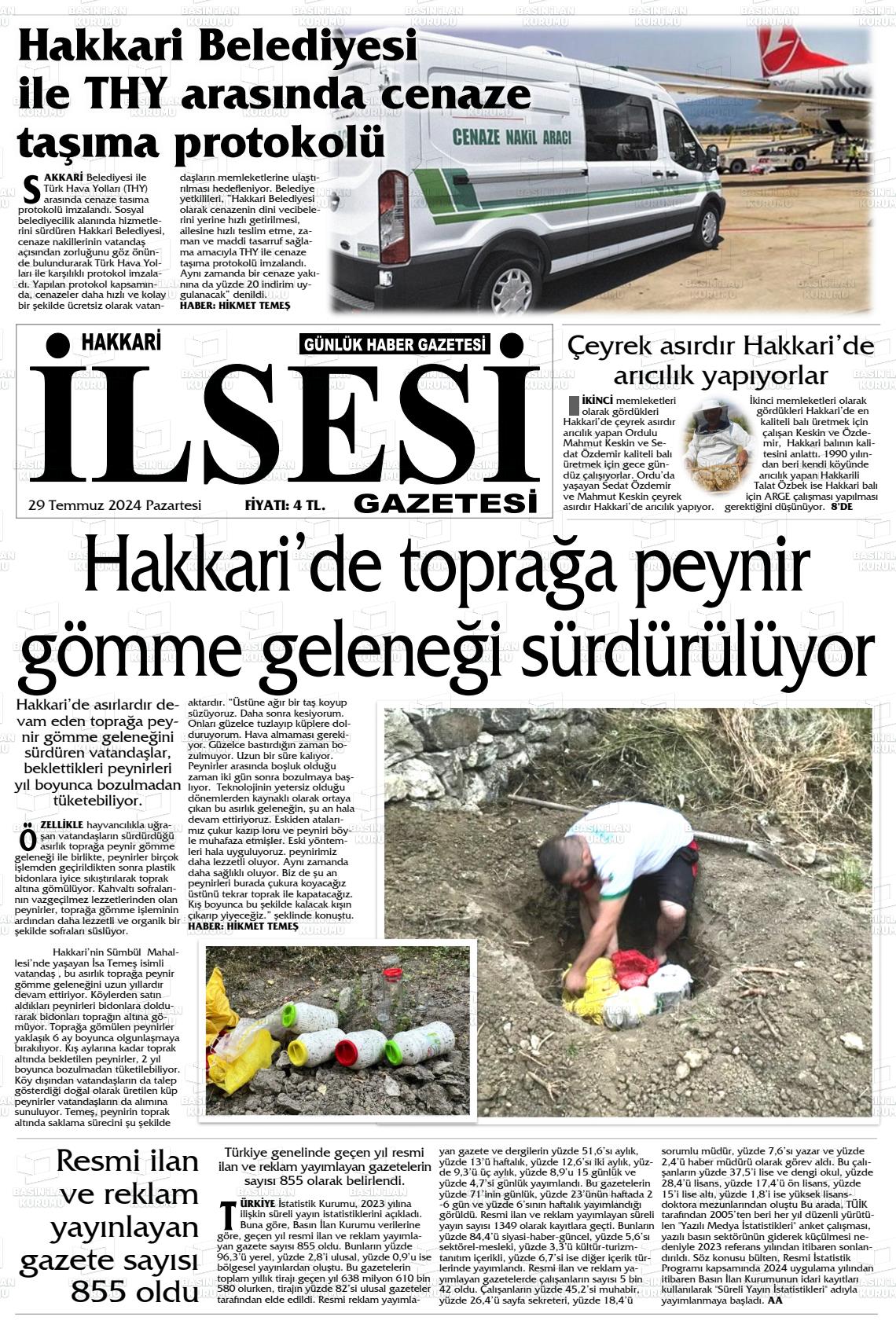 29 Temmuz 2024 Hakkari İl Sesi Gazete Manşeti