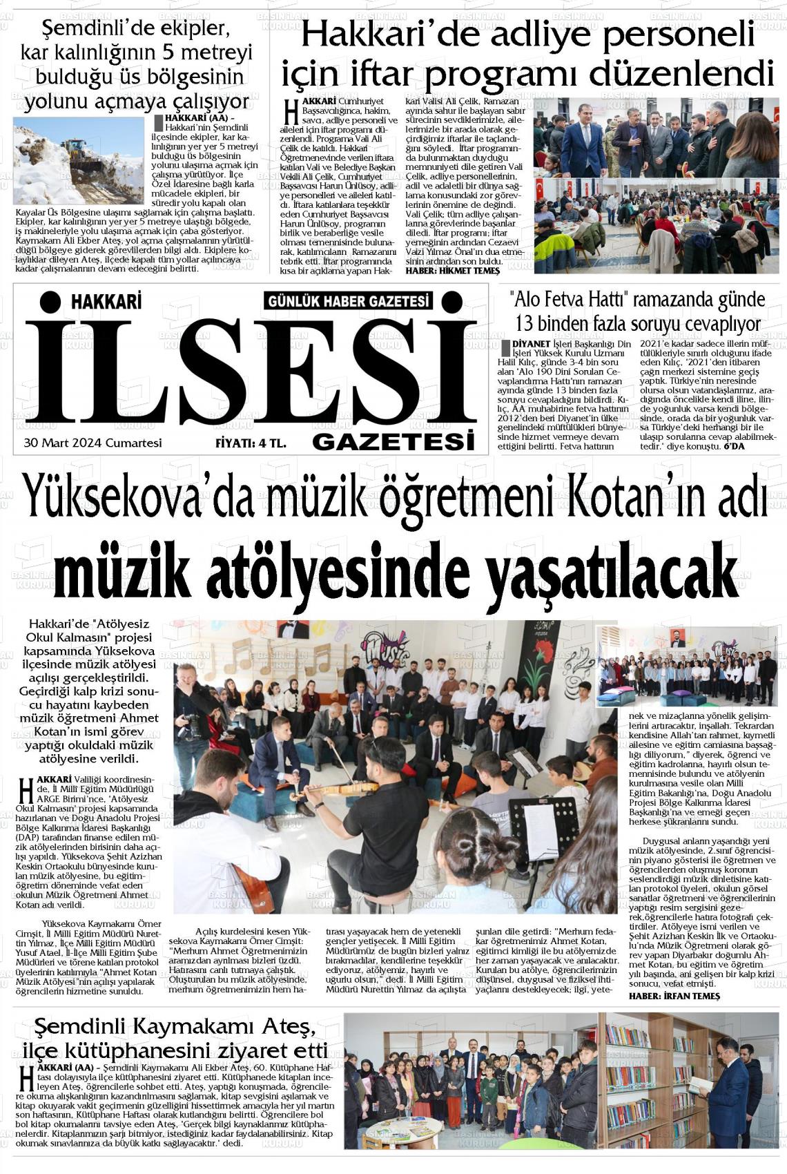 30 Mart 2024 Hakkari İl Sesi Gazete Manşeti