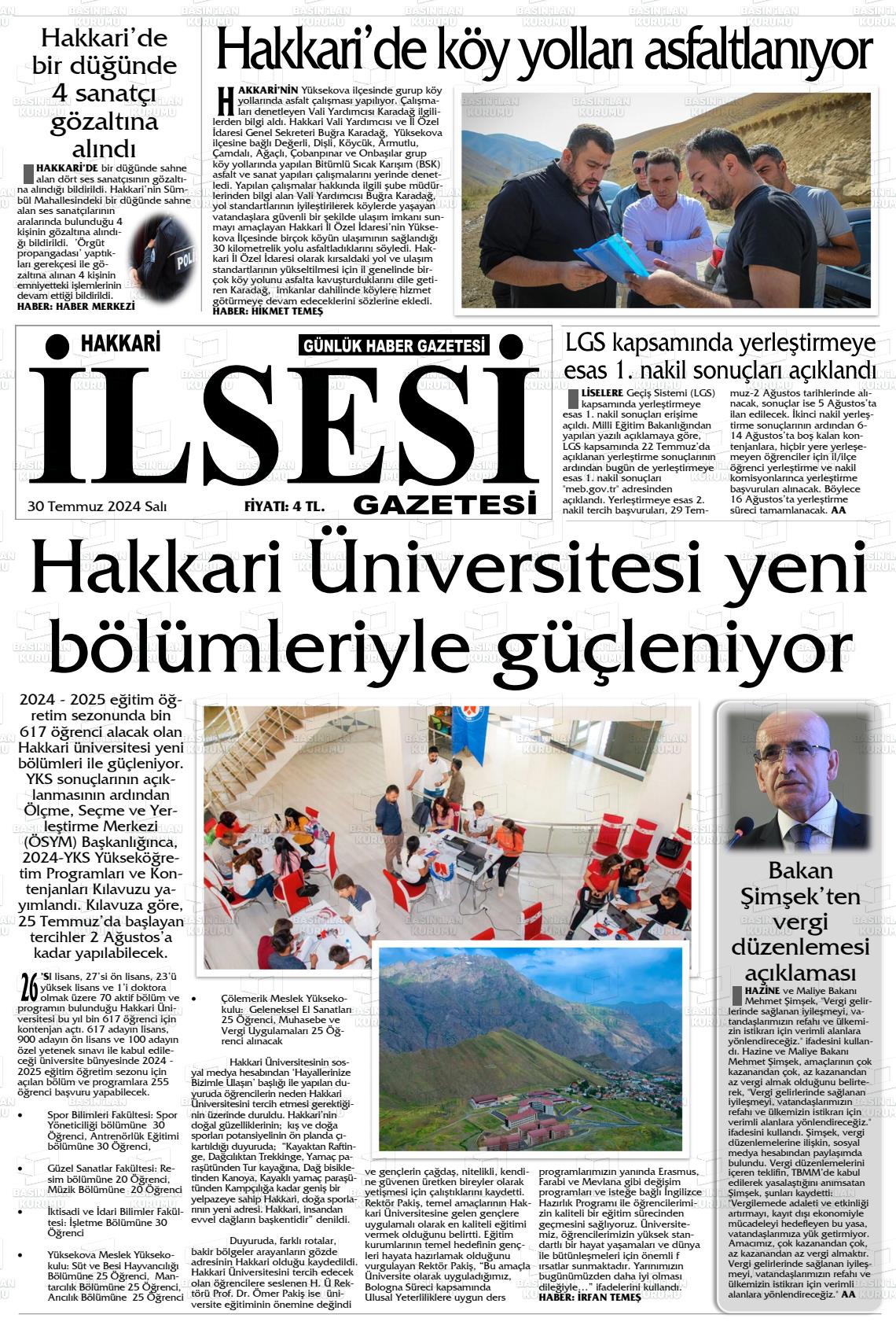 30 Temmuz 2024 Hakkari İl Sesi Gazete Manşeti