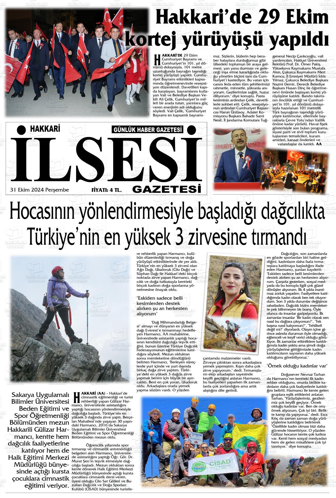 31 Ekim 2024 Hakkari İl Sesi Gazete Manşeti