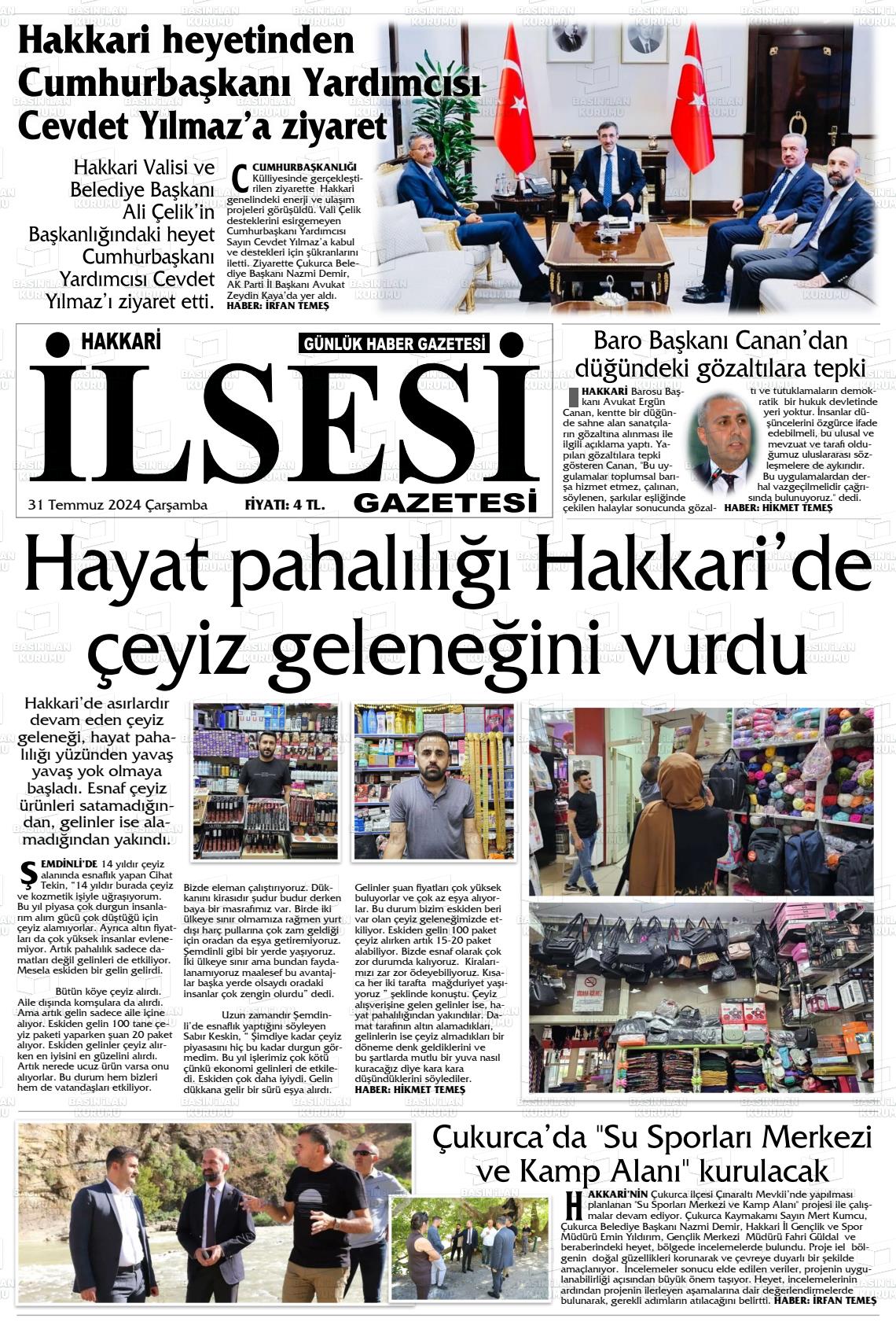 31 Temmuz 2024 Hakkari İl Sesi Gazete Manşeti