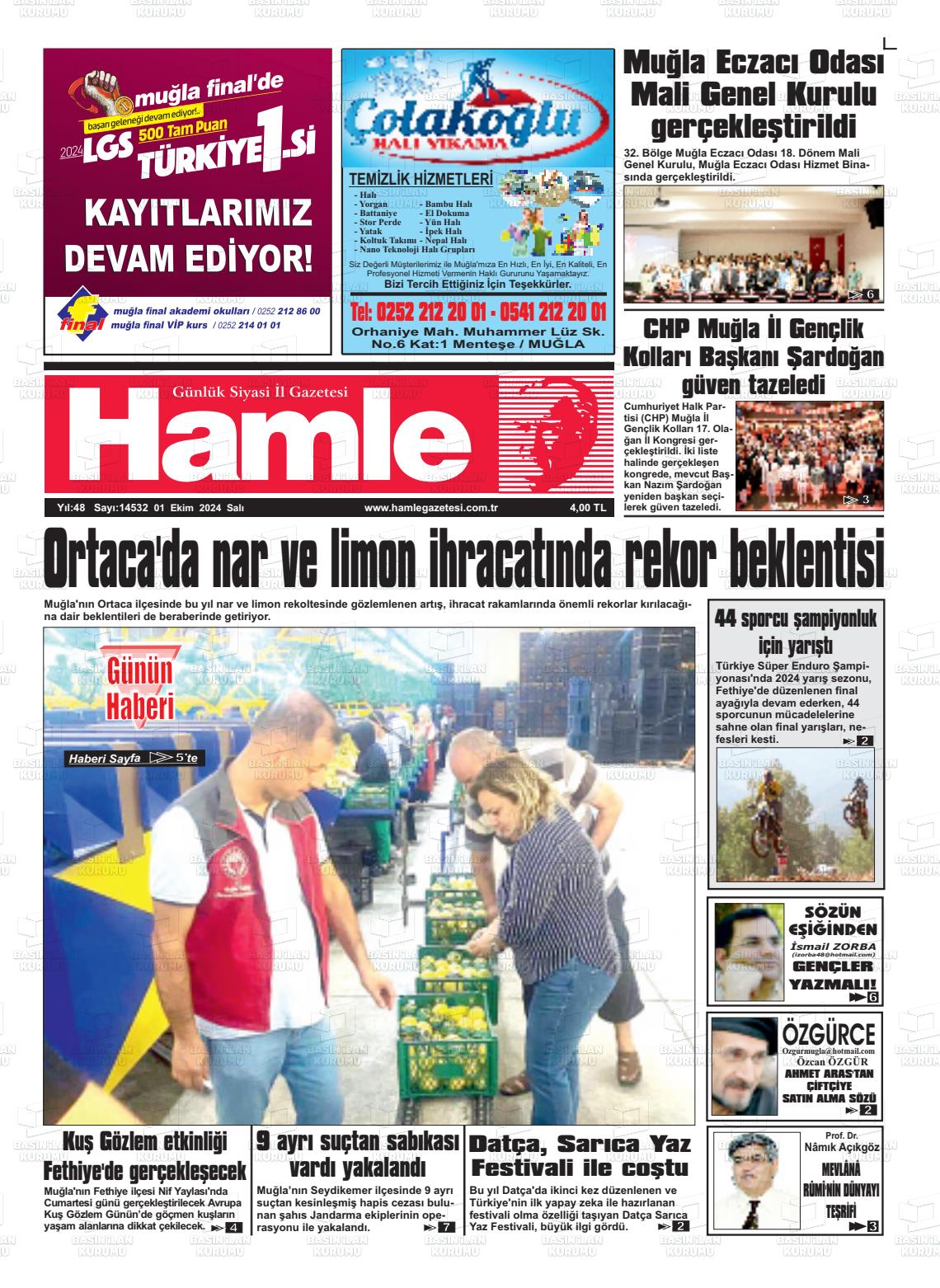 01 Ekim 2024 Hamle Gazete Manşeti