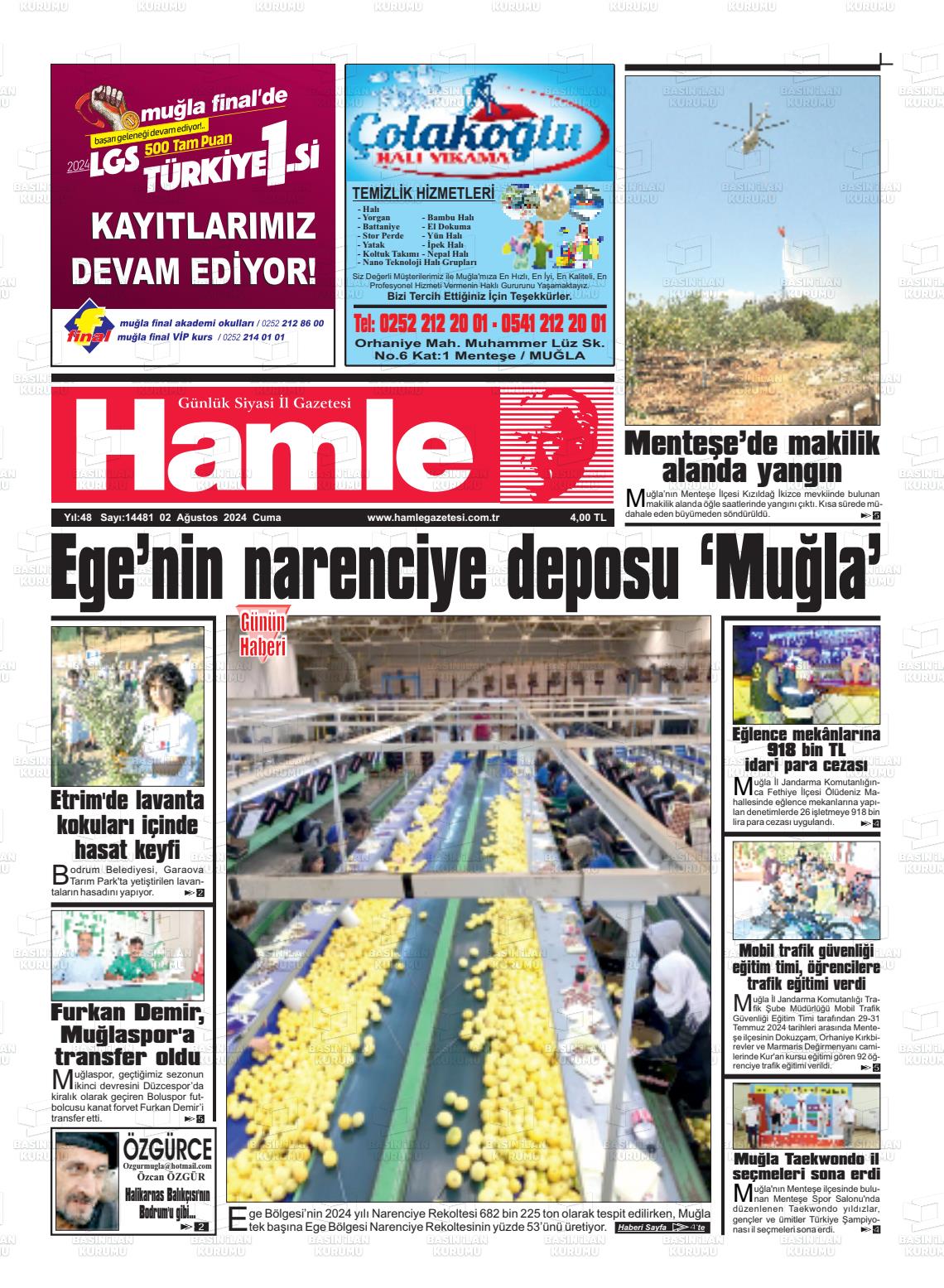 02 Ağustos 2024 Hamle Gazete Manşeti