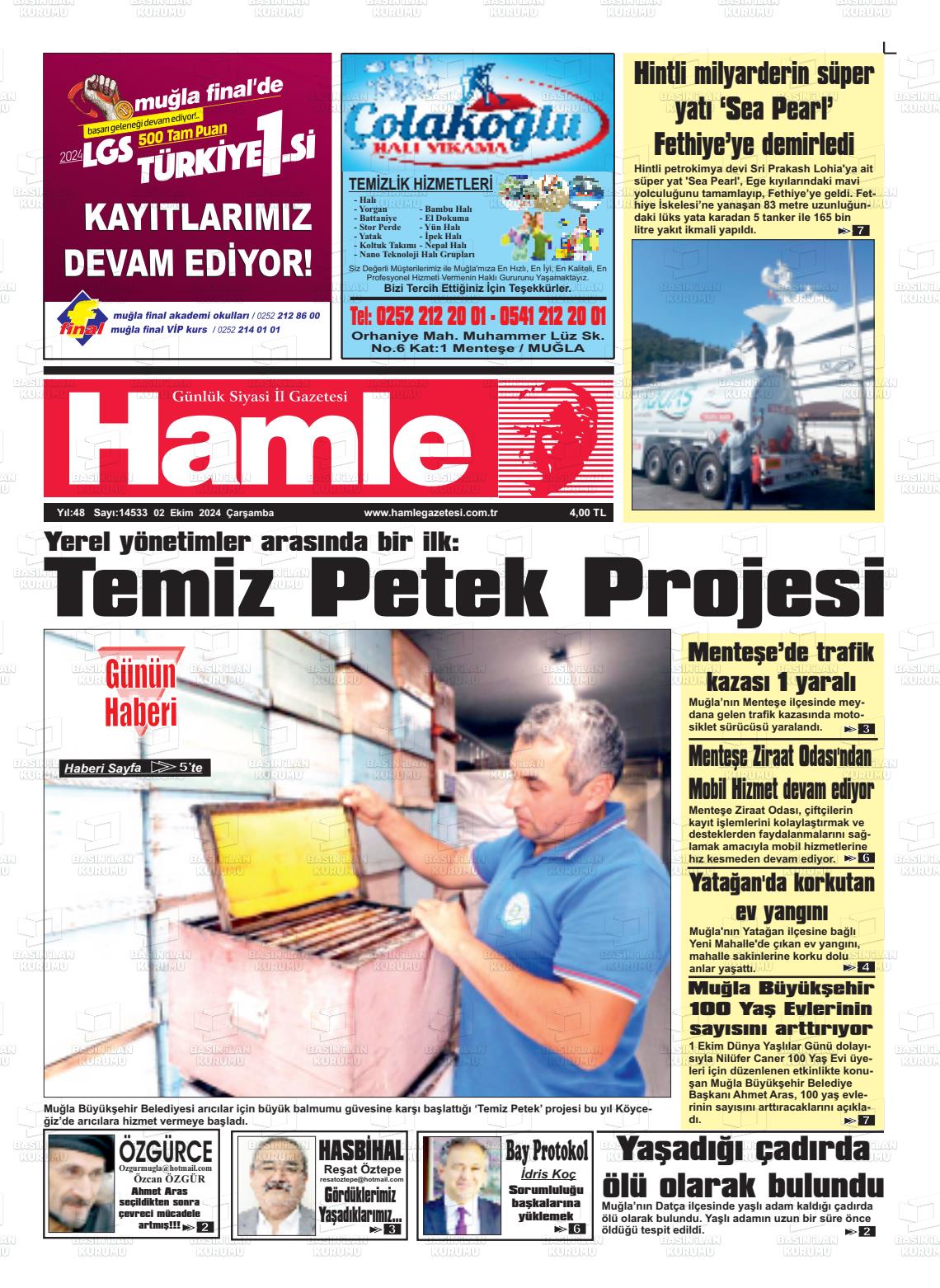 02 Ekim 2024 Hamle Gazete Manşeti