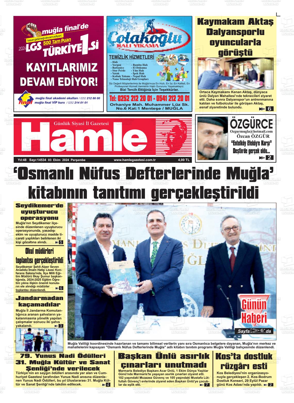 03 Ekim 2024 Hamle Gazete Manşeti