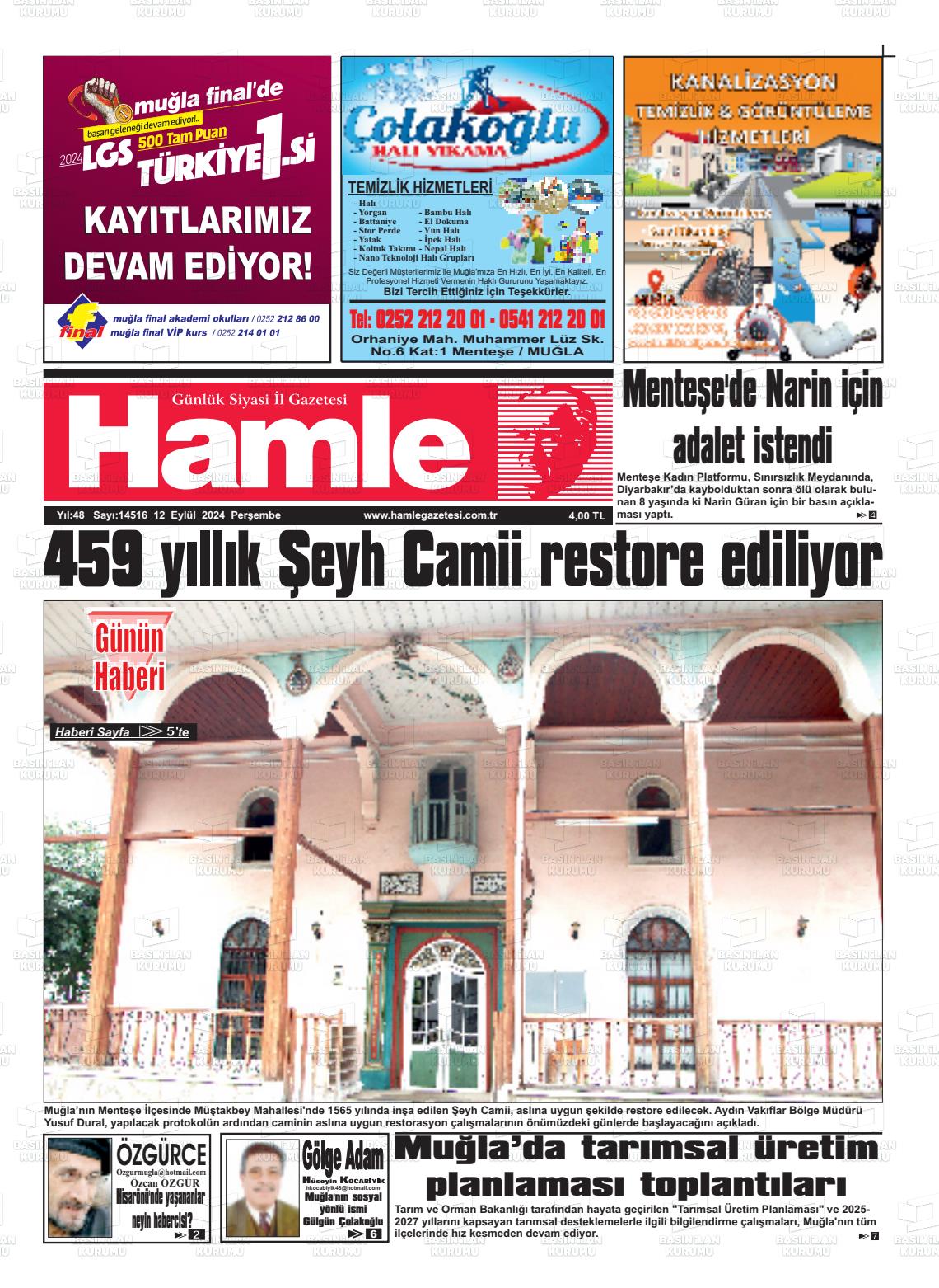 12 Eylül 2024 Hamle Gazete Manşeti