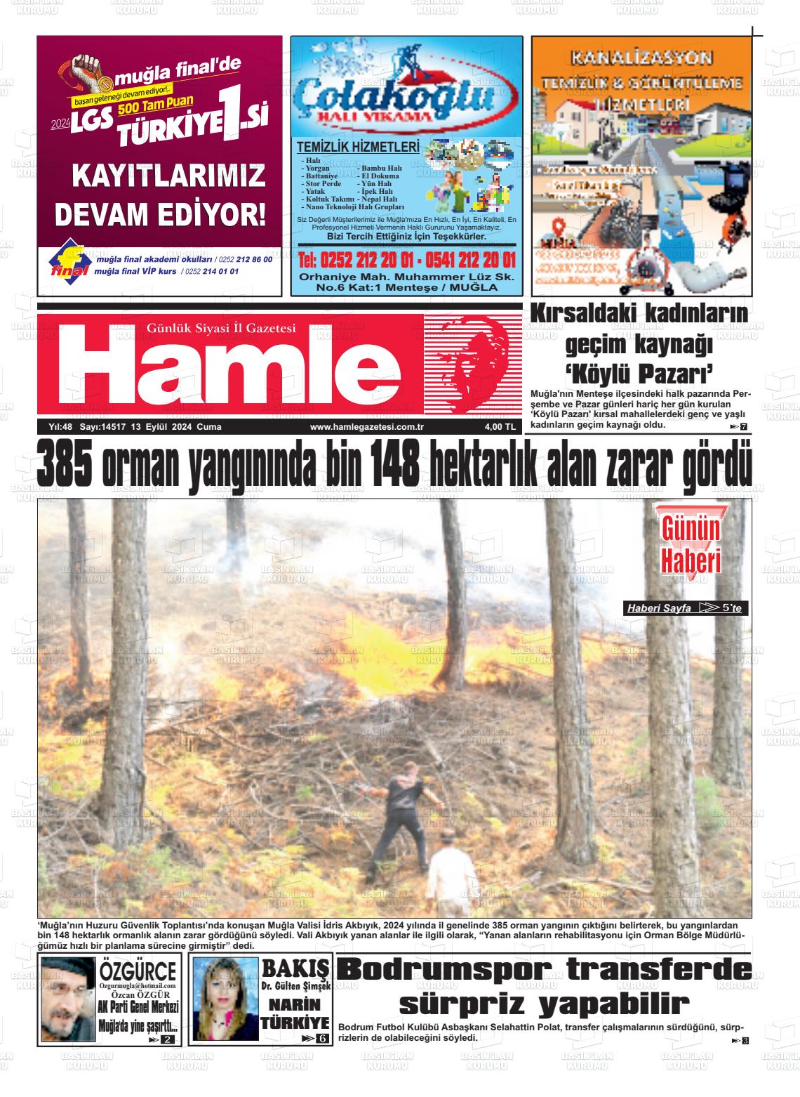 13 Eylül 2024 Hamle Gazete Manşeti