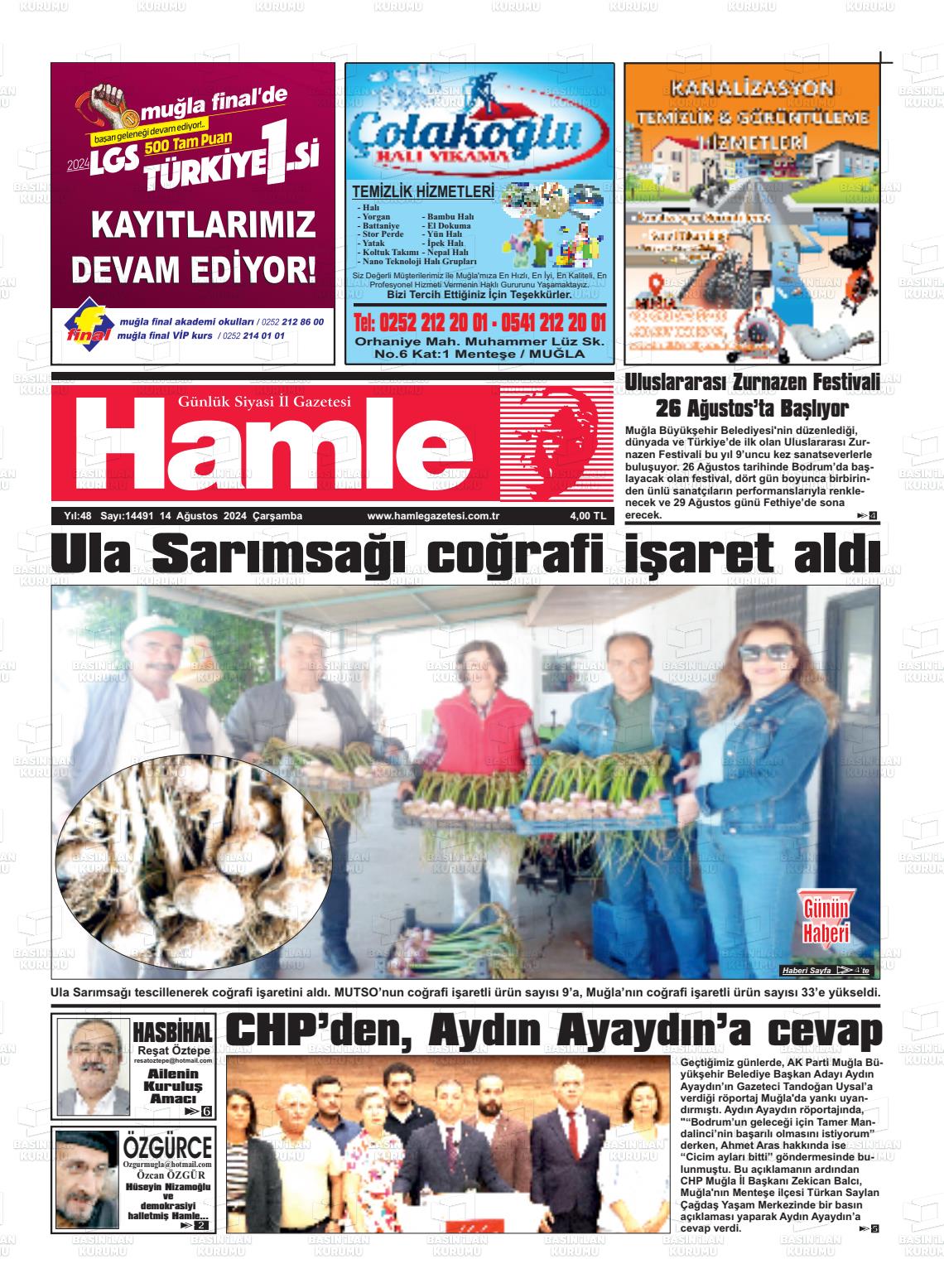 14 Ağustos 2024 Hamle Gazete Manşeti