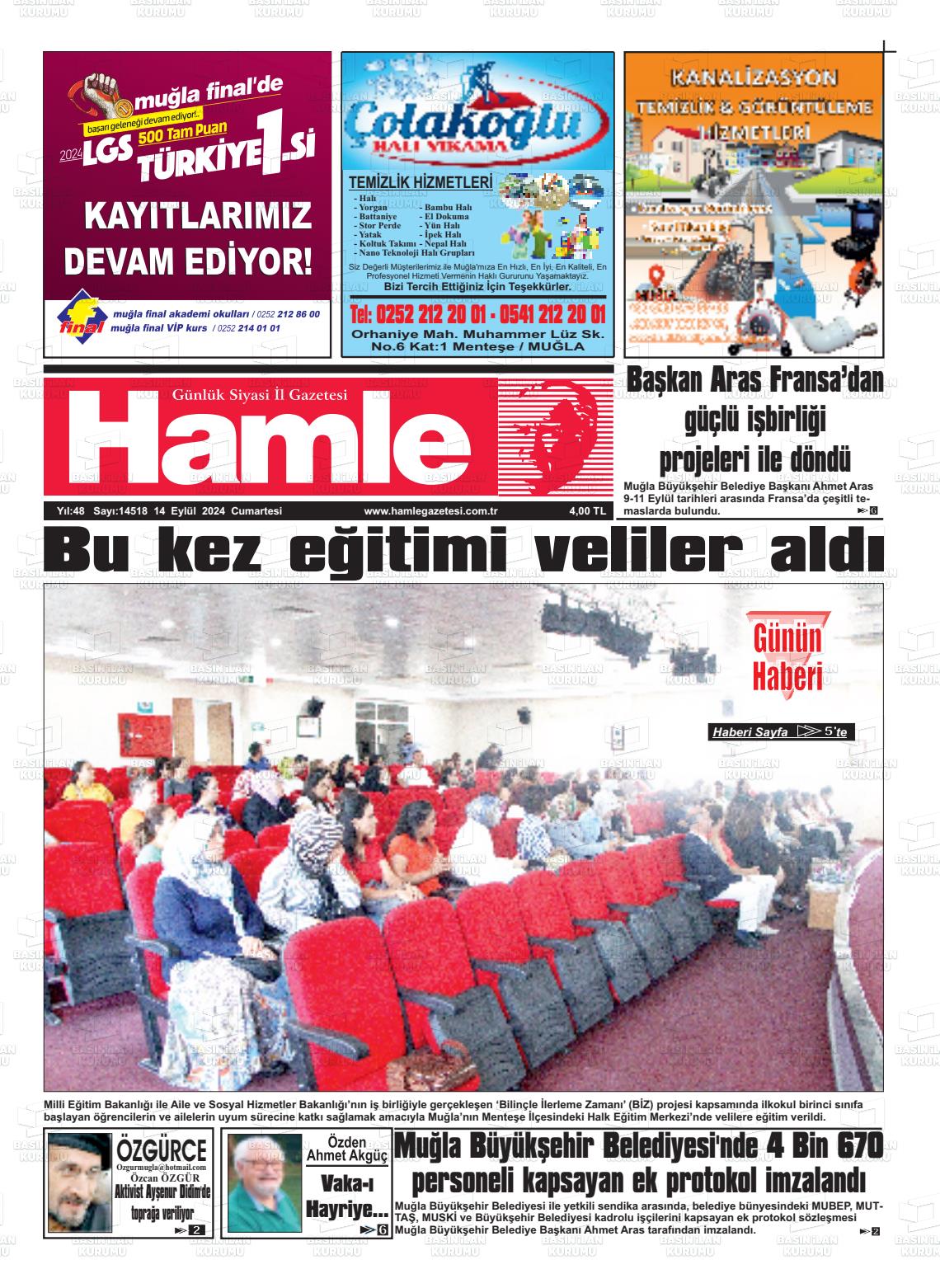 14 Eylül 2024 Hamle Gazete Manşeti