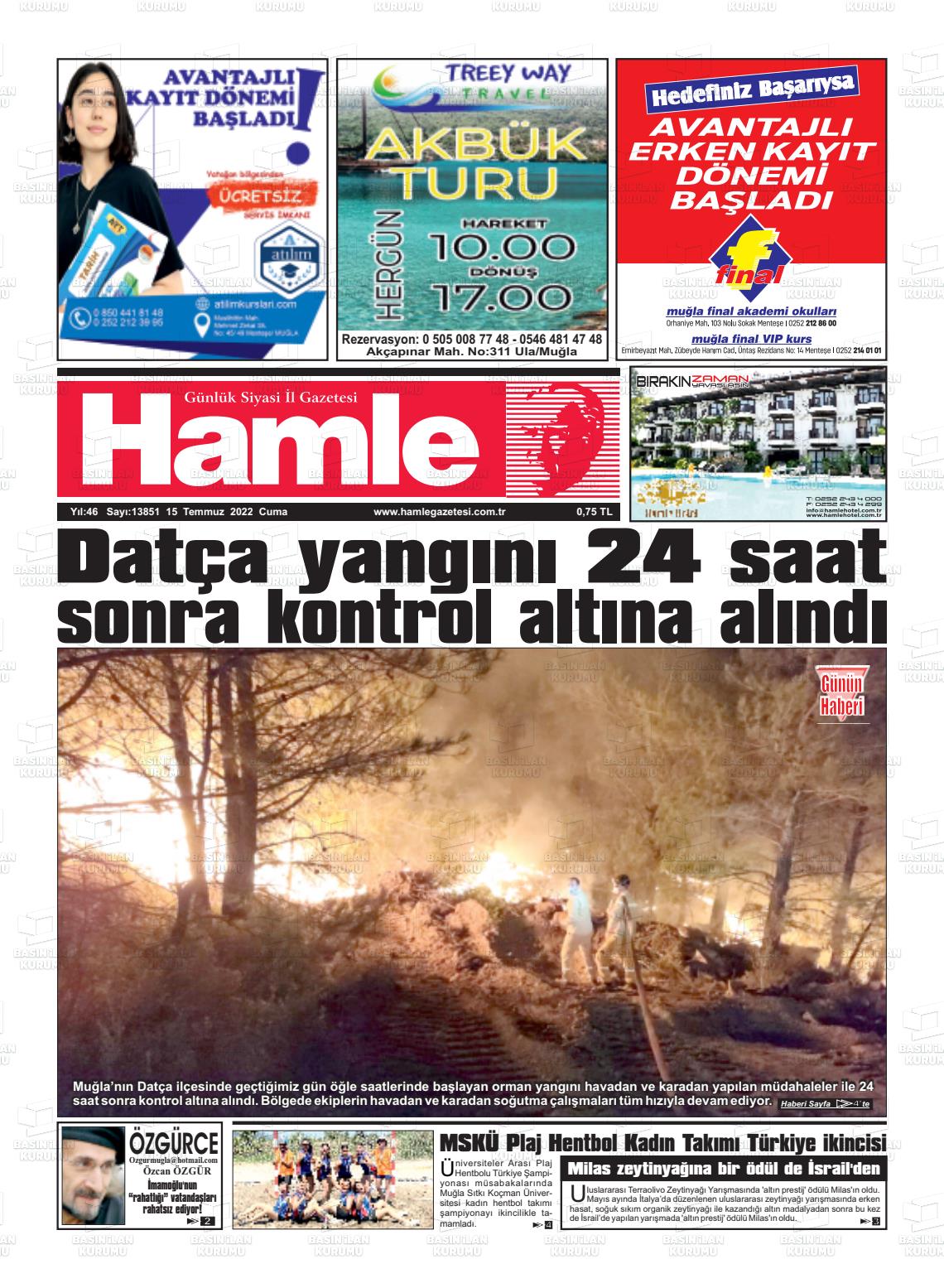 15 Temmuz 2022 Hamle Gazete Manşeti