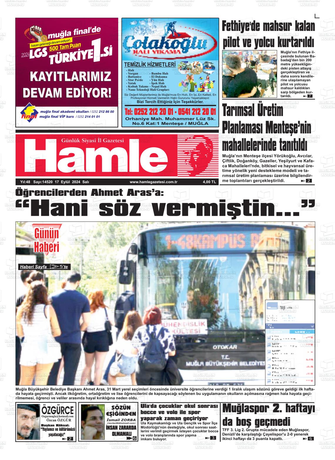 17 Eylül 2024 Hamle Gazete Manşeti