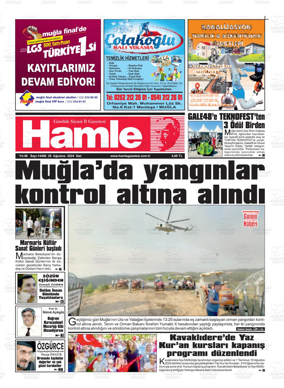 20 Ağustos 2024 Hamle Gazete Manşeti