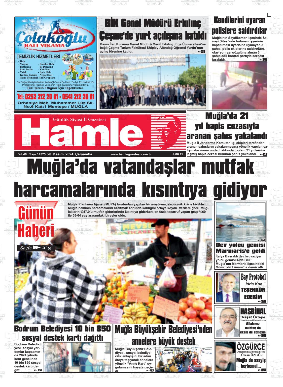 20 Kasım 2024 Hamle Gazete Manşeti