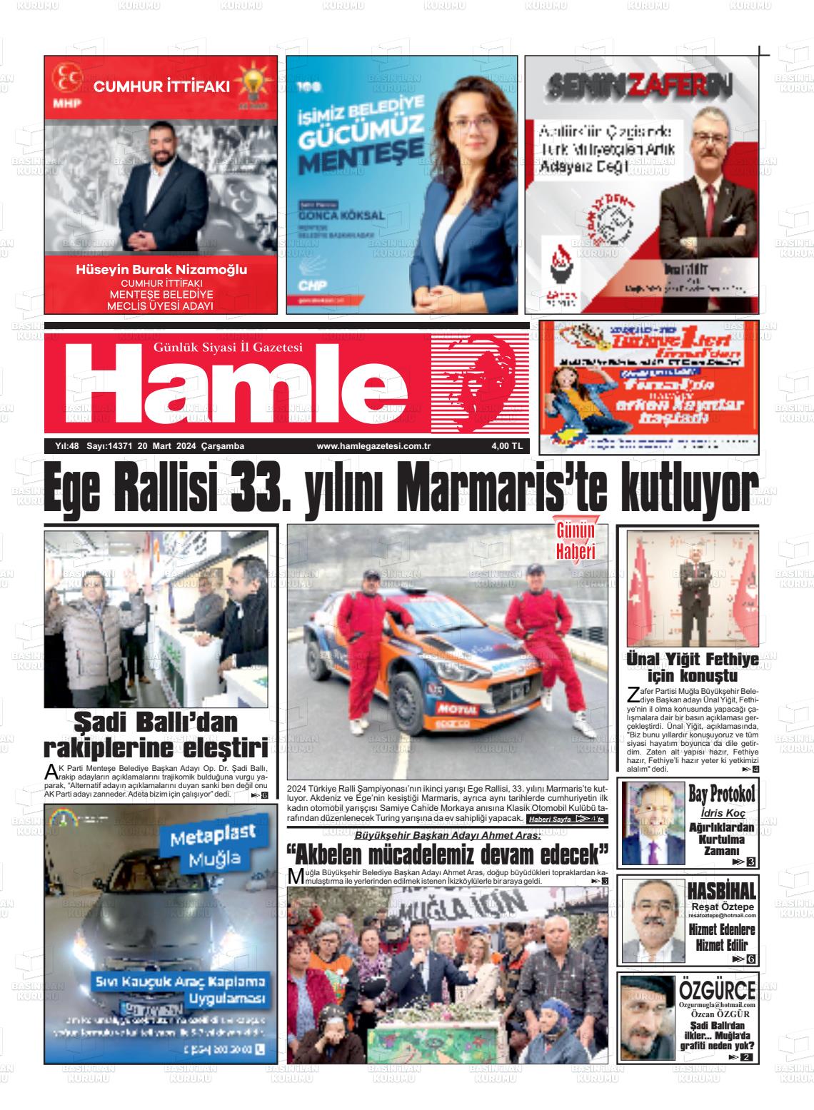 20 Mart 2024 Hamle Gazete Manşeti