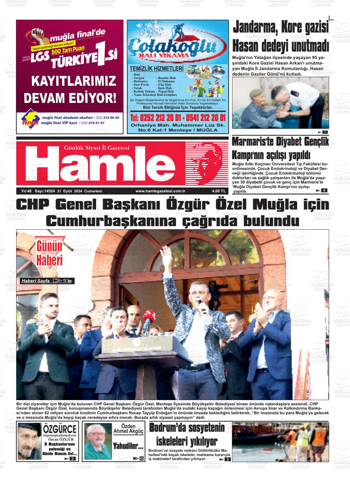 21 Eylül 2024 Hamle Gazete Manşeti