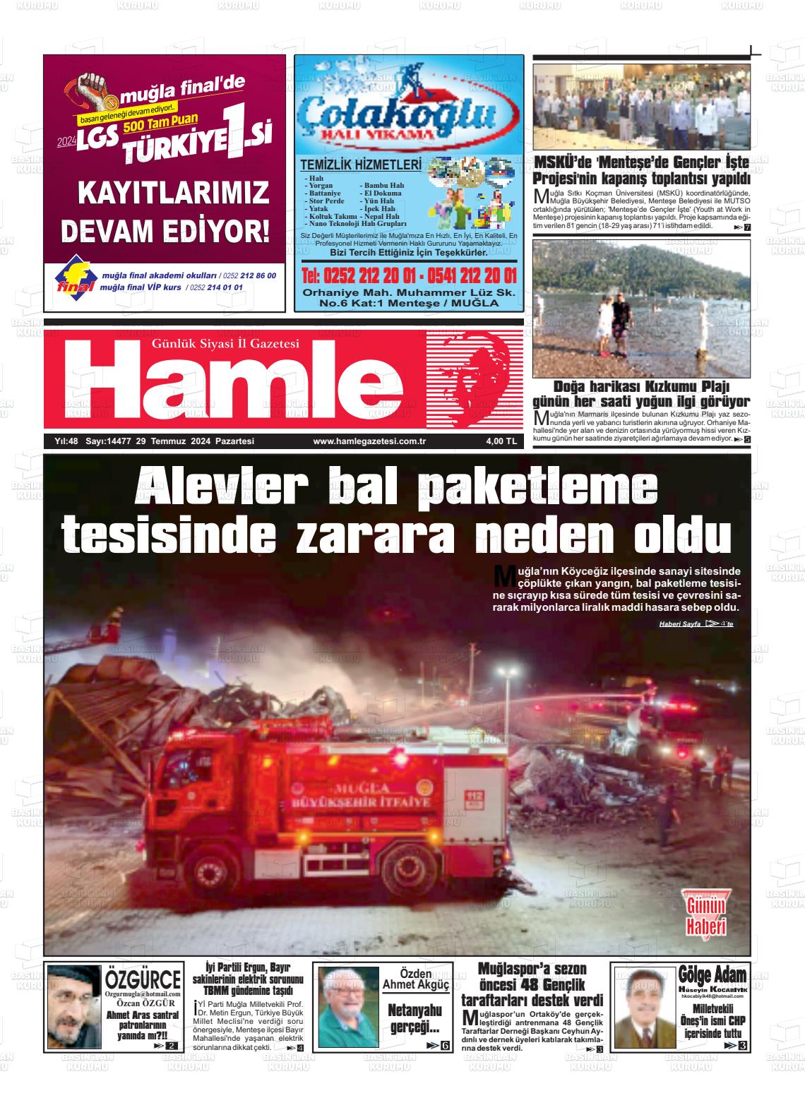 29 Temmuz 2024 Hamle Gazete Manşeti