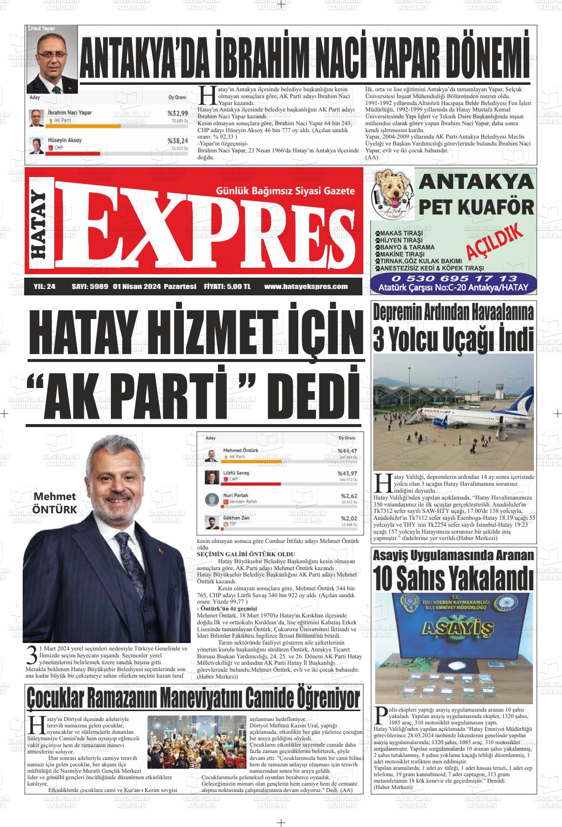 01 Nisan 2024 Hatay Ekspres Gazete Manşeti