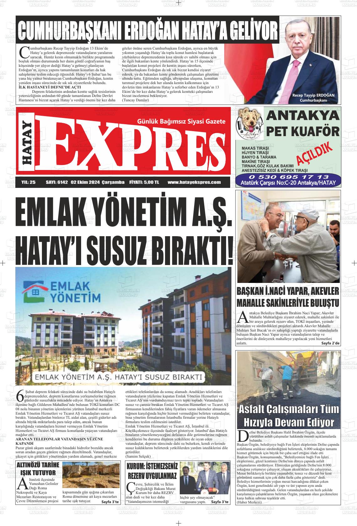 02 Ekim 2024 Hatay Ekspres Gazete Manşeti