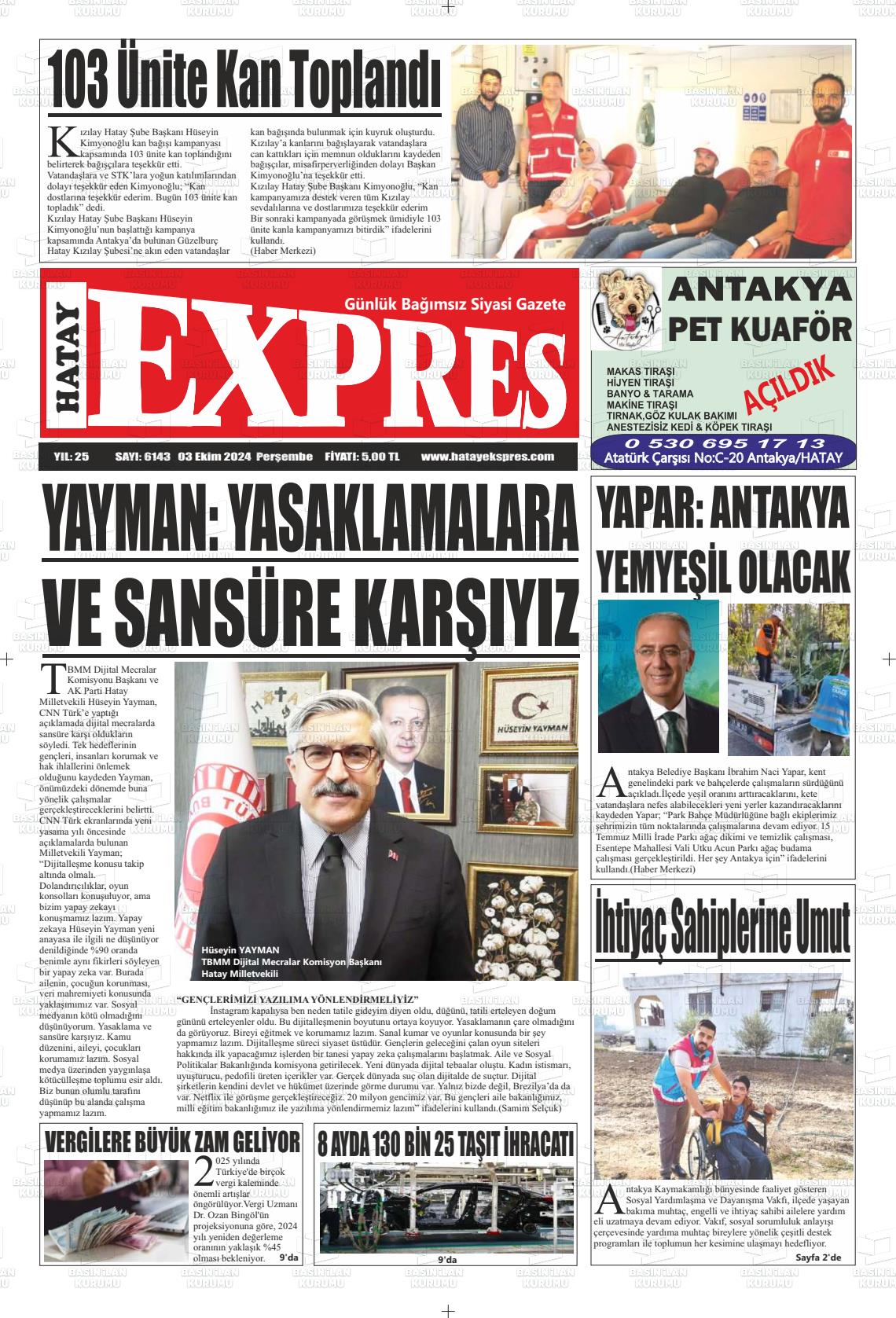 03 Ekim 2024 Hatay Ekspres Gazete Manşeti