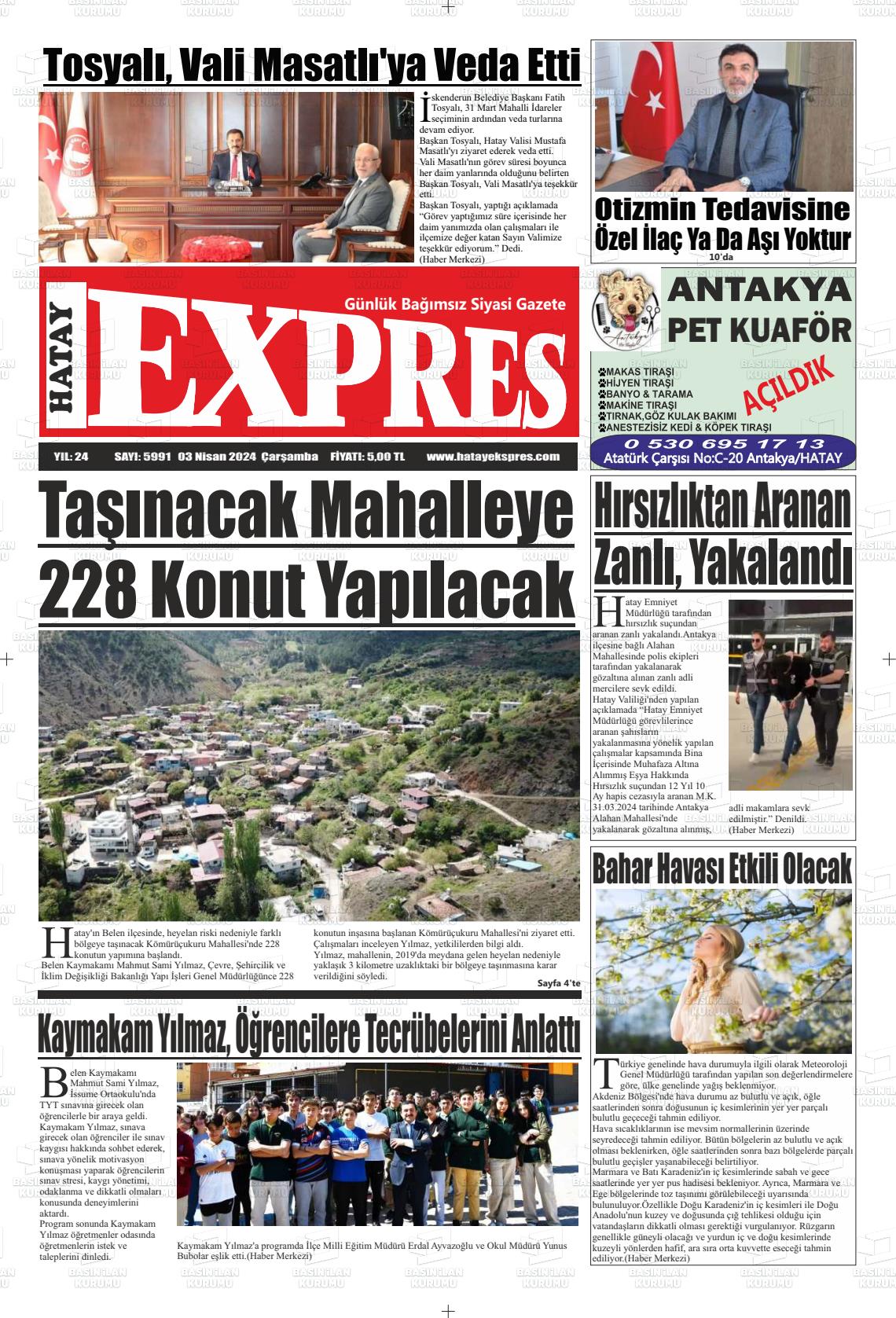 03 Nisan 2024 Hatay Ekspres Gazete Manşeti