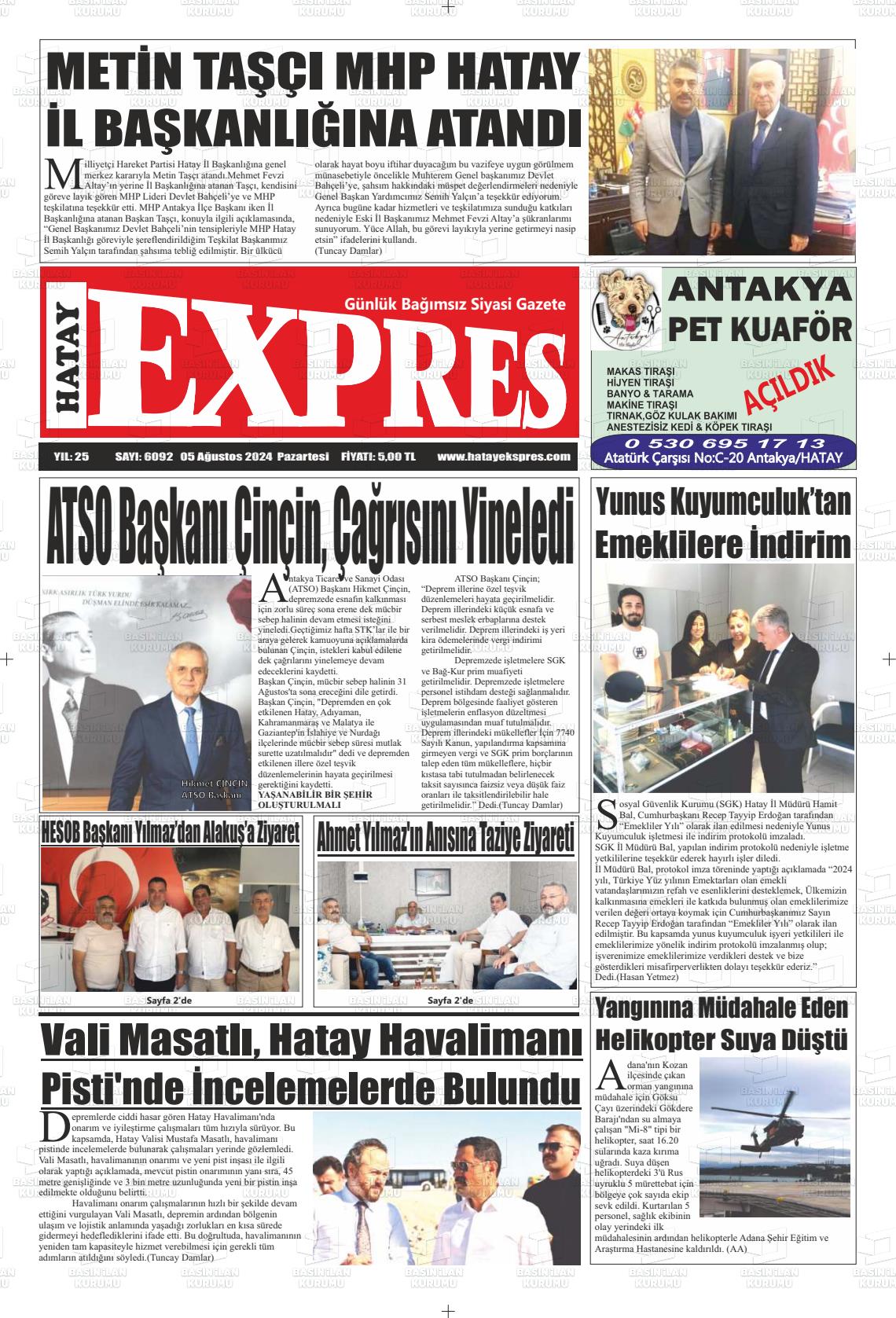 05 Ağustos 2024 Hatay Ekspres Gazete Manşeti