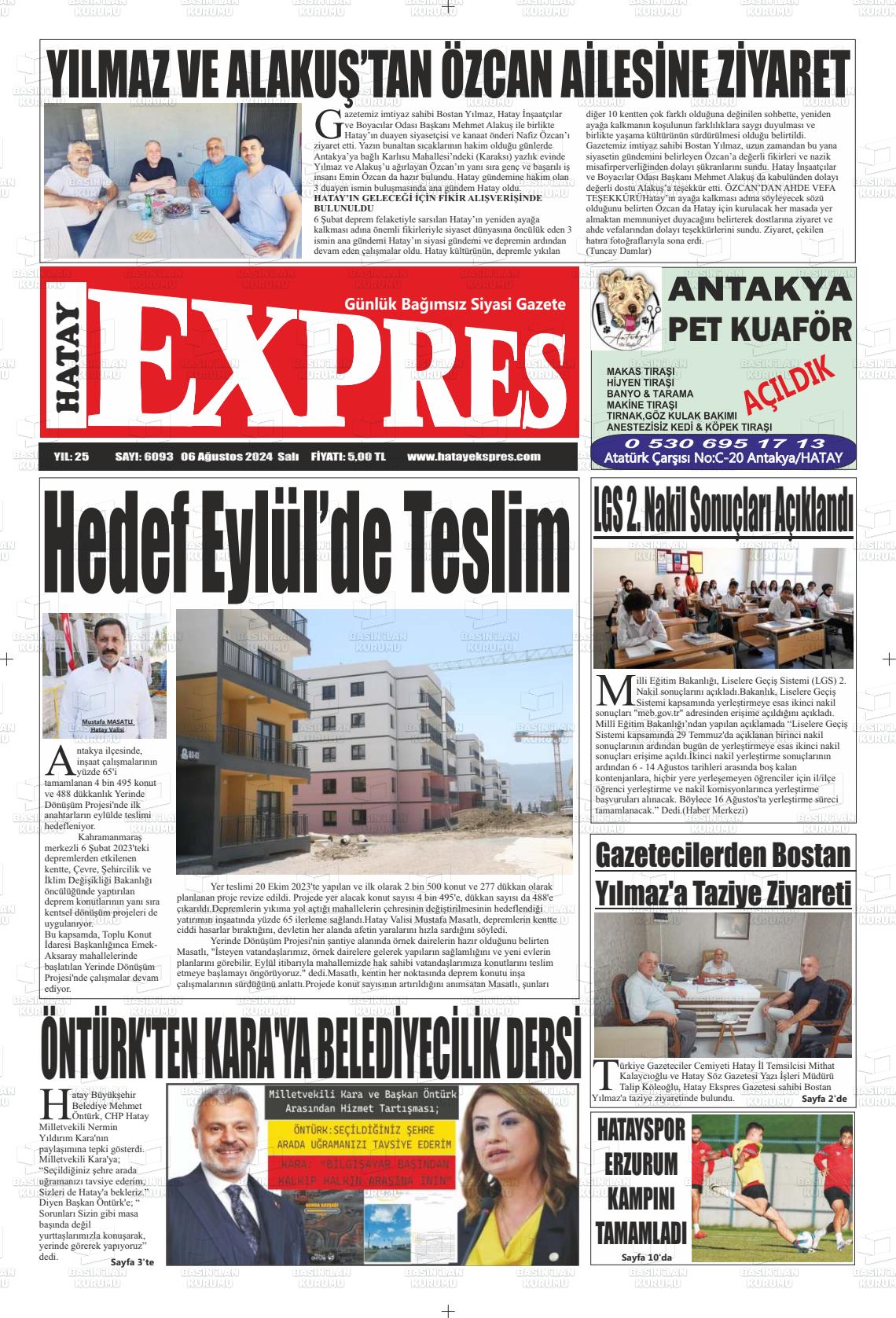 06 Ağustos 2024 Hatay Ekspres Gazete Manşeti