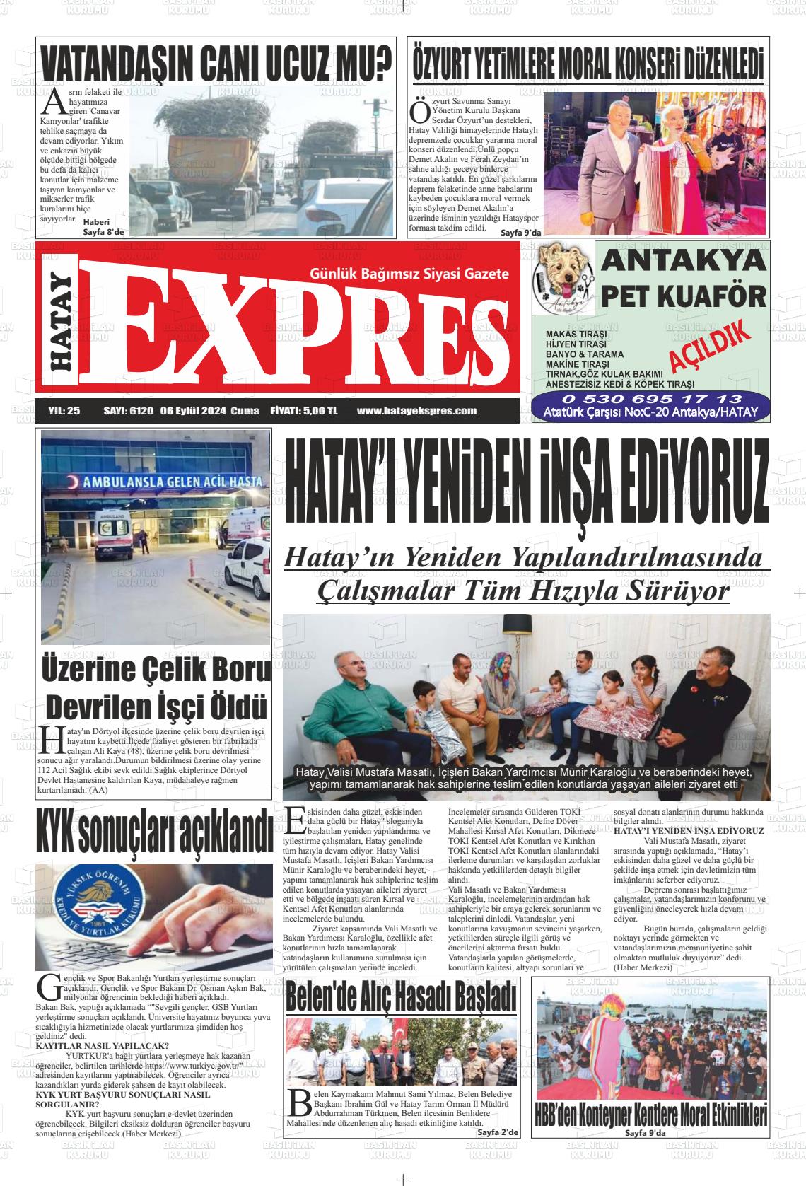 06 Eylül 2024 Hatay Ekspres Gazete Manşeti