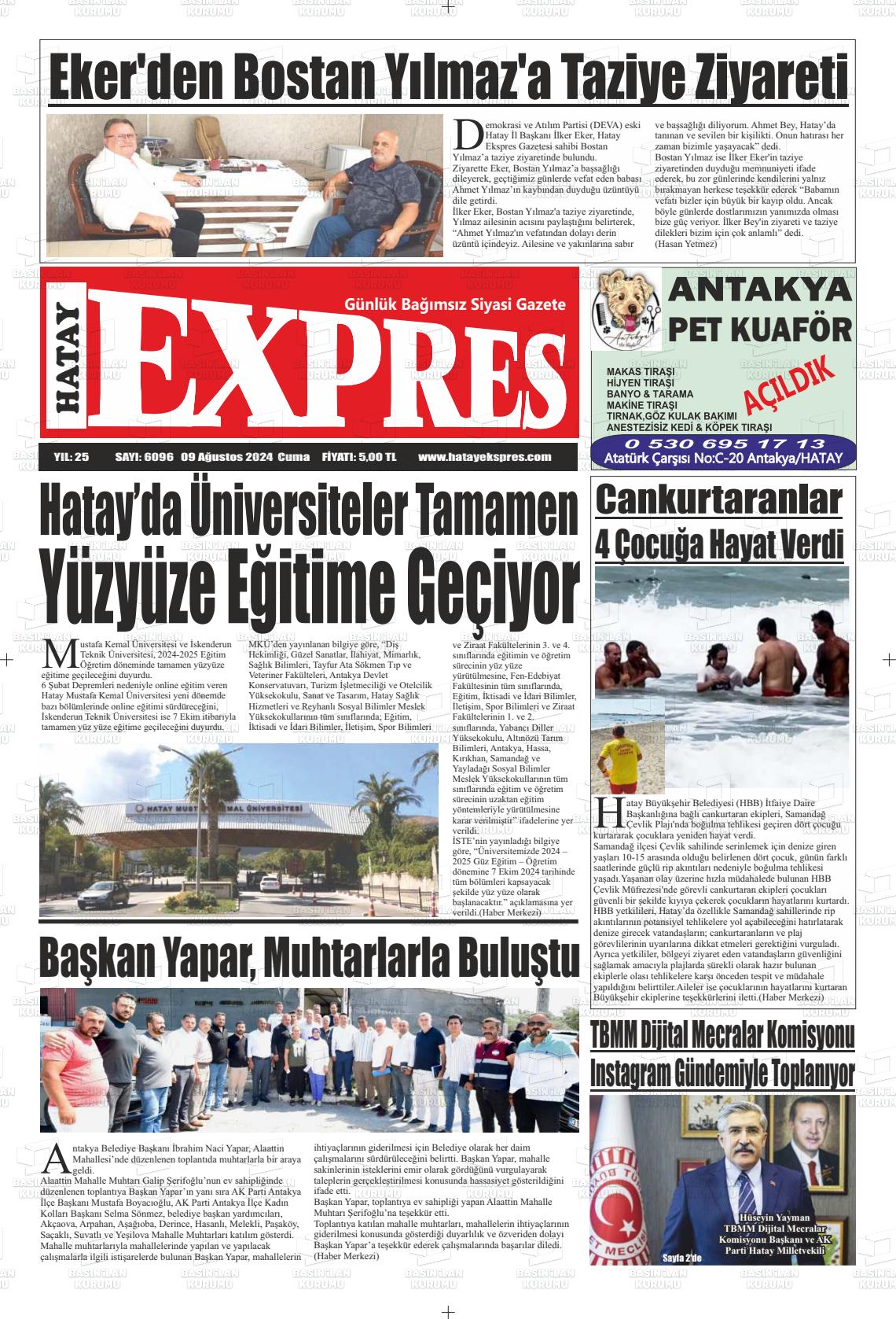 09 Ağustos 2024 Hatay Ekspres Gazete Manşeti