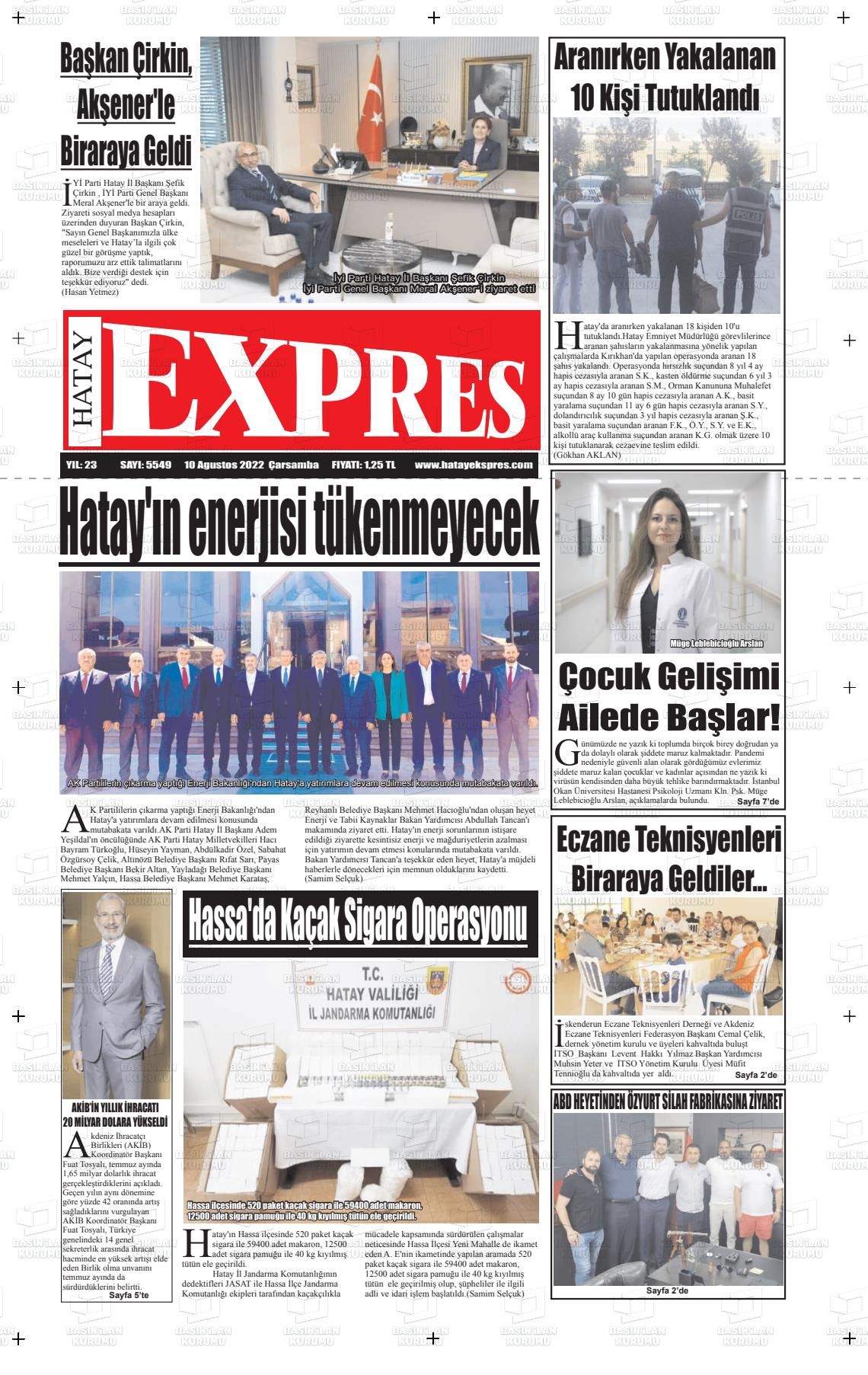 10 Ağustos 2022 Hatay Ekspres Gazete Manşeti
