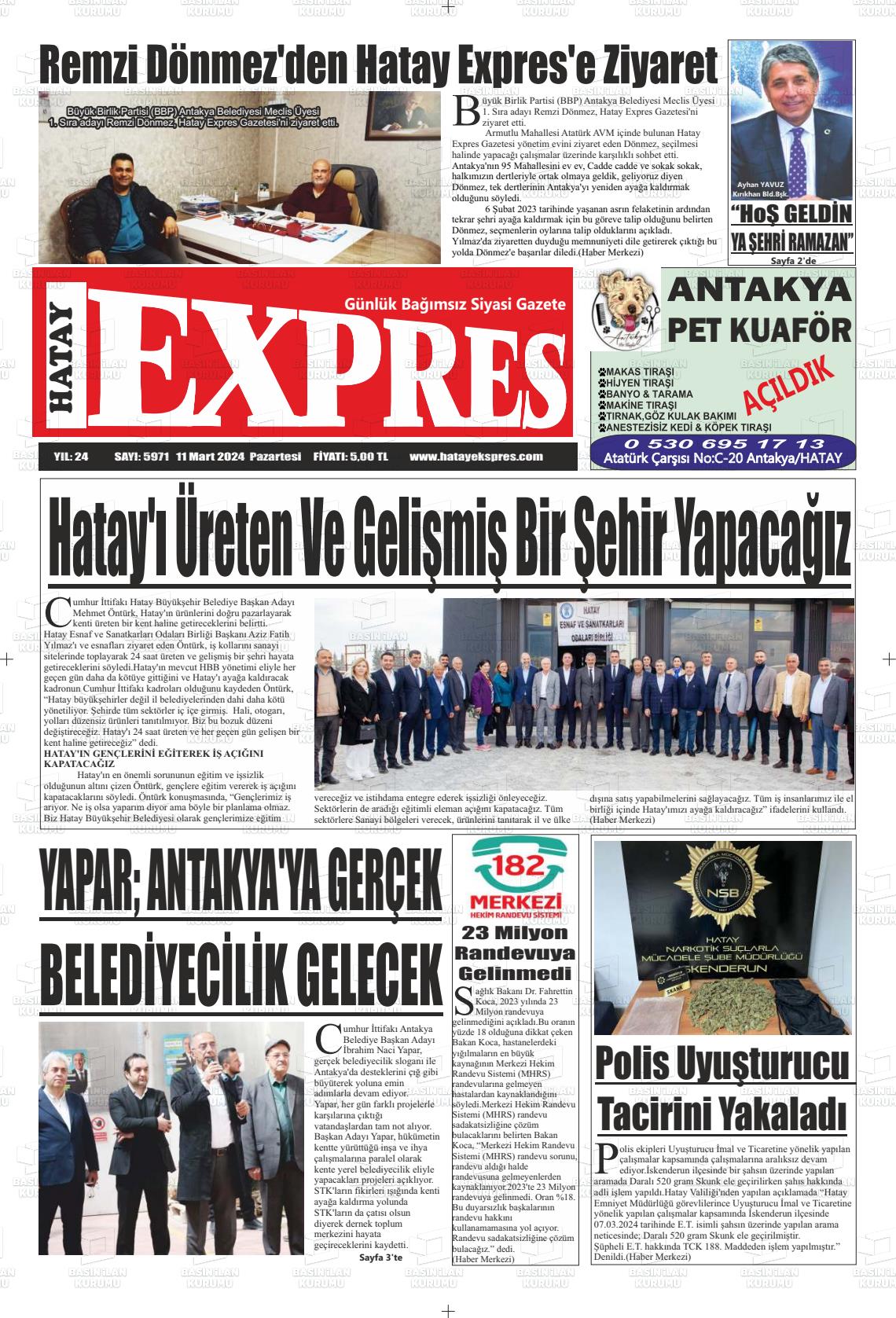 11 Mart 2024 Hatay Ekspres Gazete Manşeti