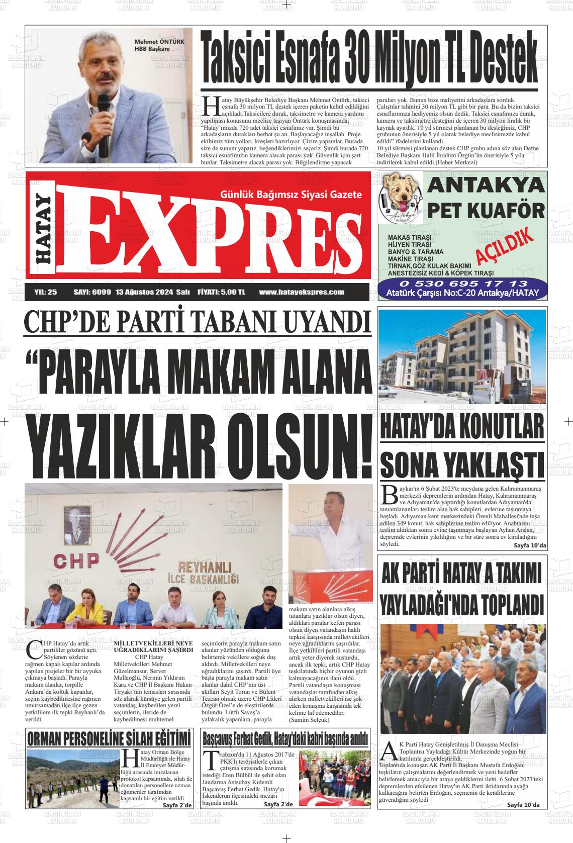 13 Ağustos 2024 Hatay Ekspres Gazete Manşeti