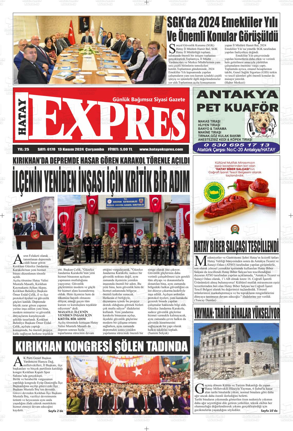 13 Kasım 2024 Hatay Ekspres Gazete Manşeti