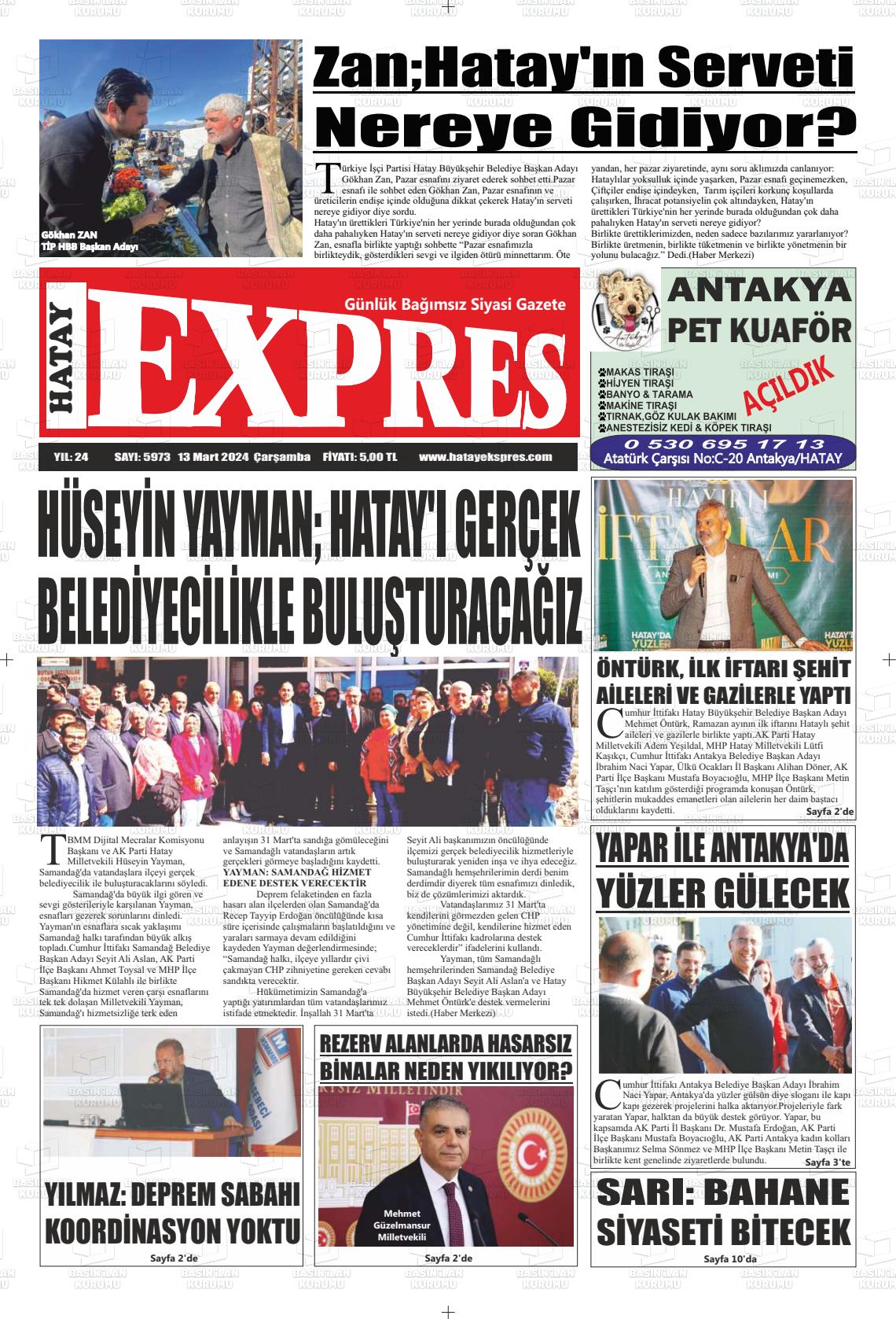 13 Mart 2024 Hatay Ekspres Gazete Manşeti