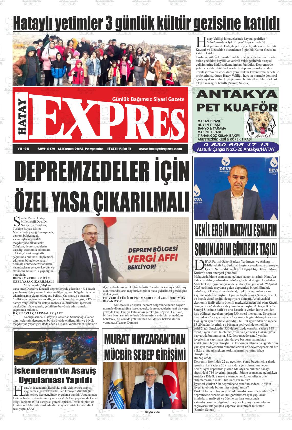 14 Kasım 2024 Hatay Ekspres Gazete Manşeti