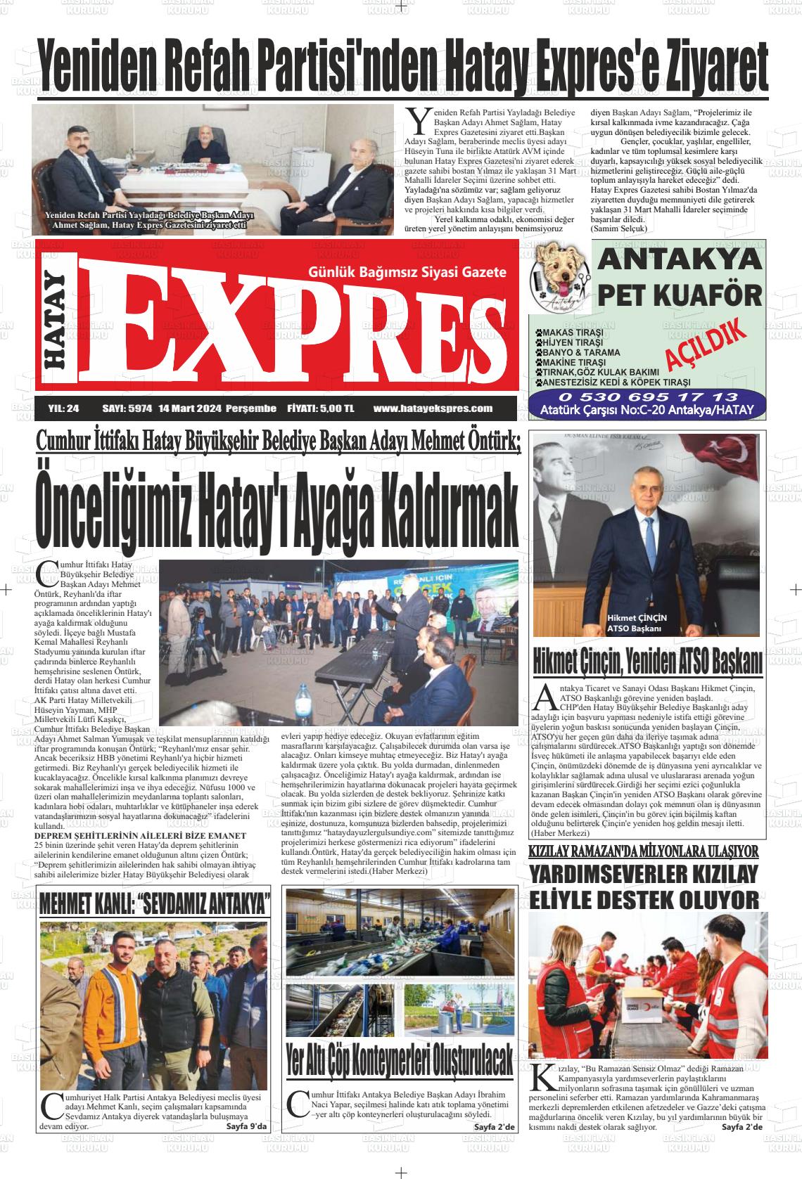 14 Mart 2024 Hatay Ekspres Gazete Manşeti