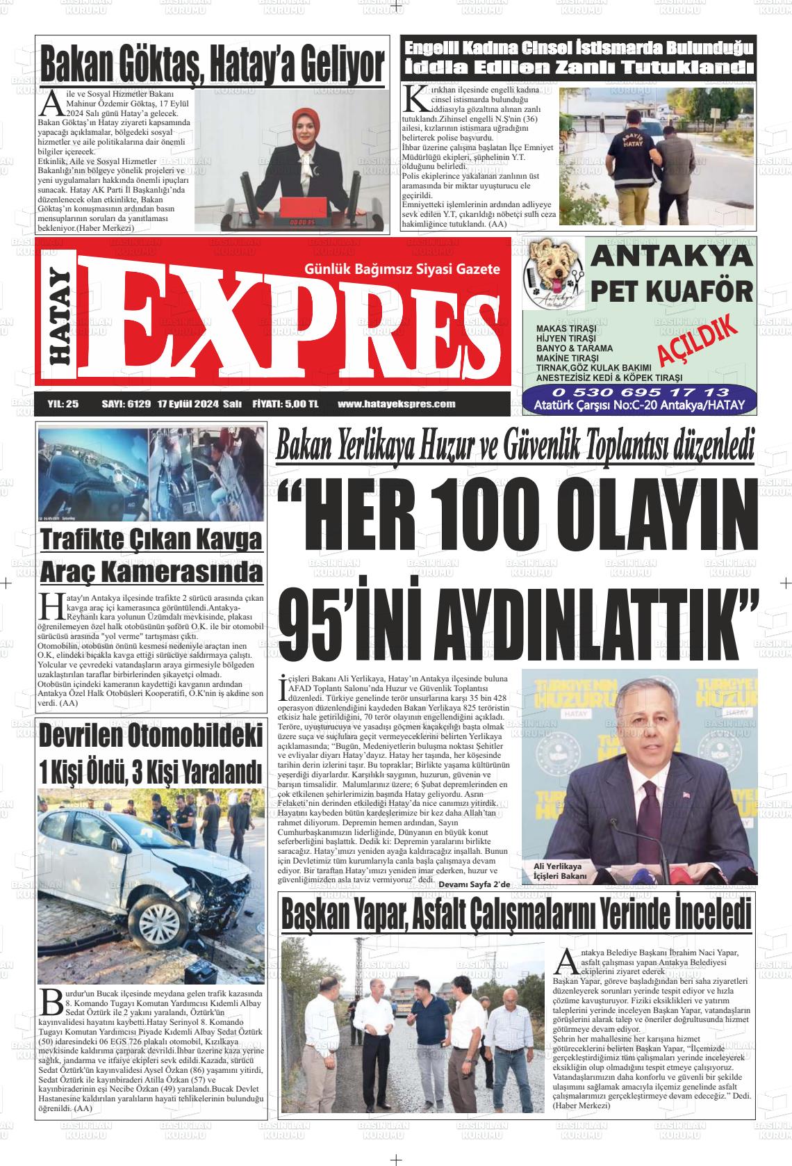 17 Eylül 2024 Hatay Ekspres Gazete Manşeti