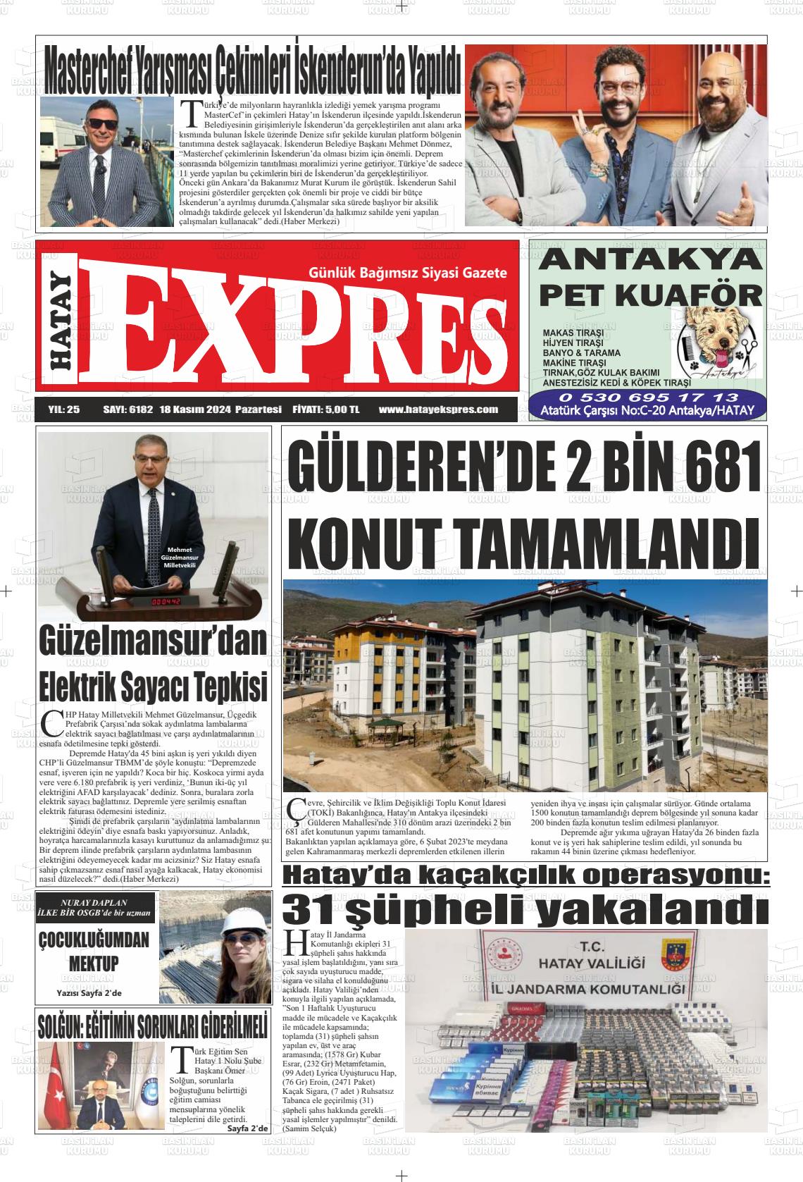 18 Kasım 2024 Hatay Ekspres Gazete Manşeti