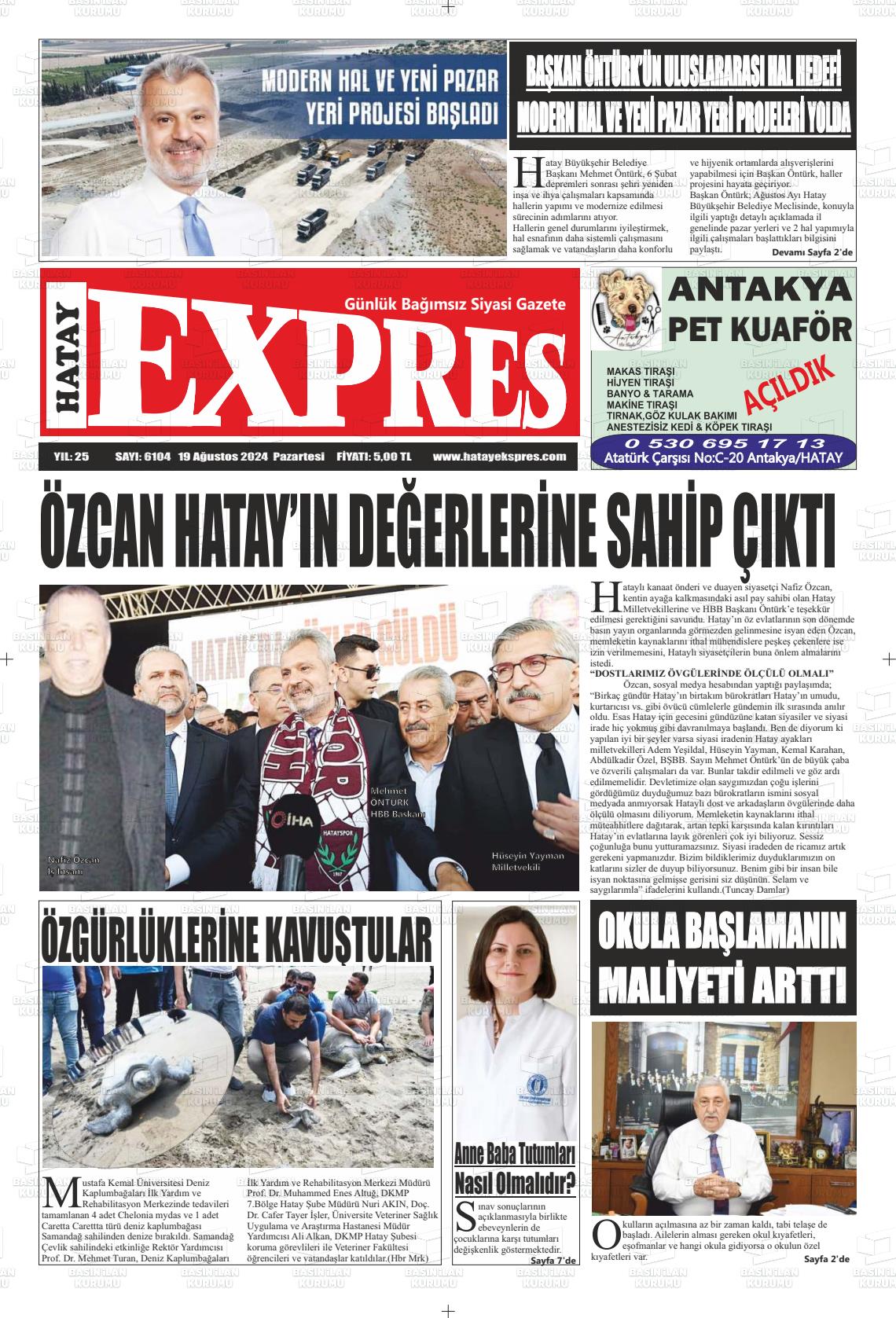 19 Ağustos 2024 Hatay Ekspres Gazete Manşeti