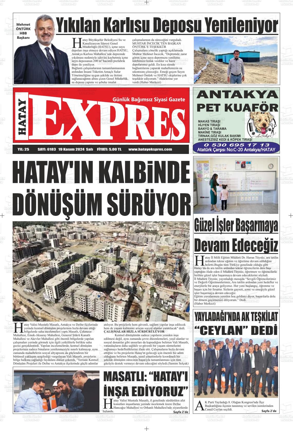 19 Kasım 2024 Hatay Ekspres Gazete Manşeti