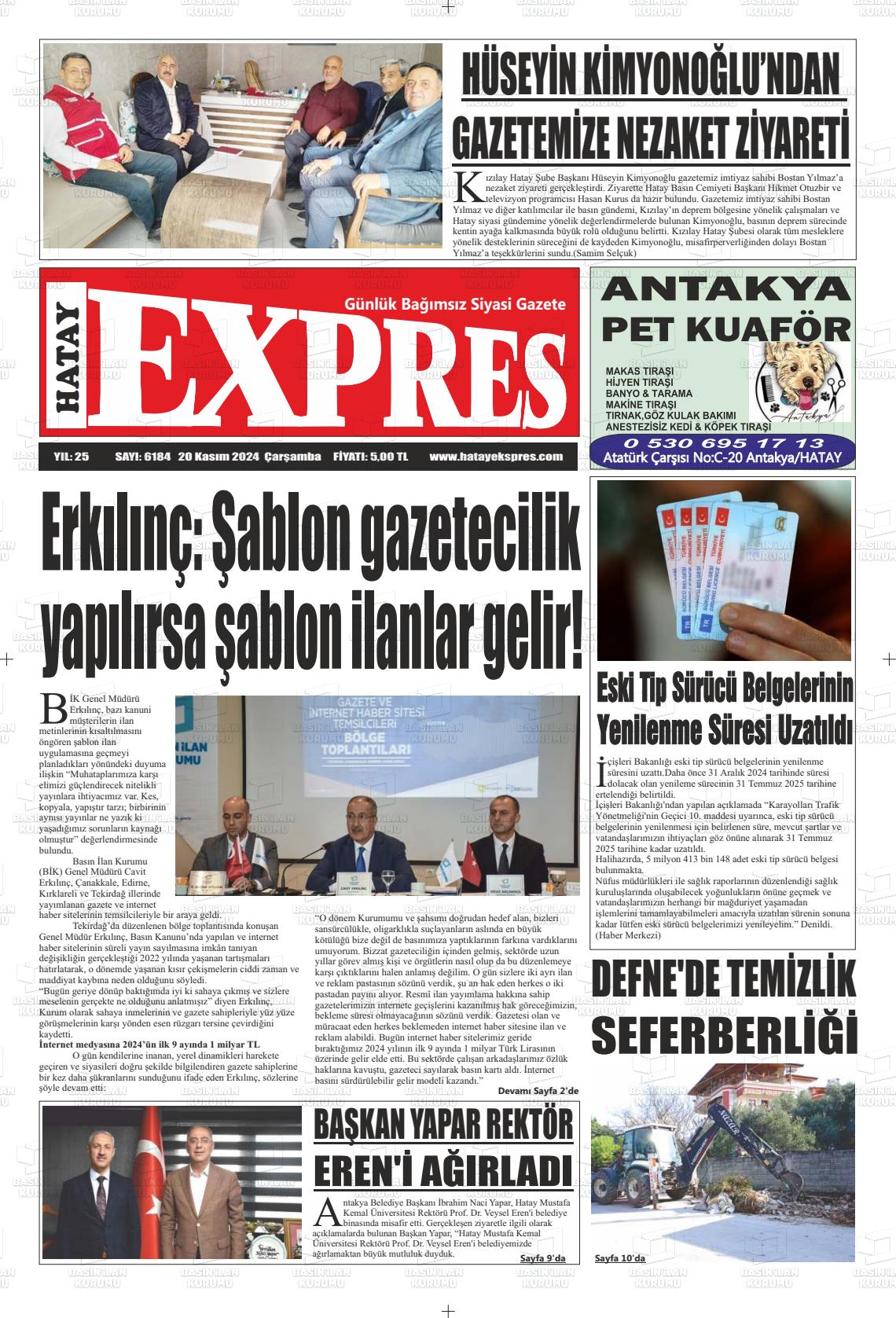 20 Kasım 2024 Hatay Ekspres Gazete Manşeti