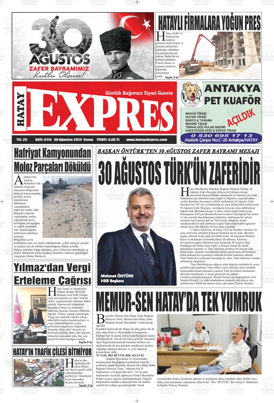 30 Ağustos 2024 Hatay Ekspres Gazete Manşeti