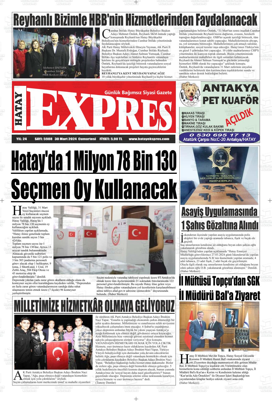 30 Mart 2024 Hatay Ekspres Gazete Manşeti