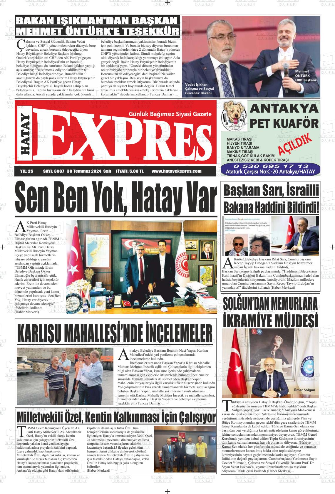 30 Temmuz 2024 Hatay Ekspres Gazete Manşeti