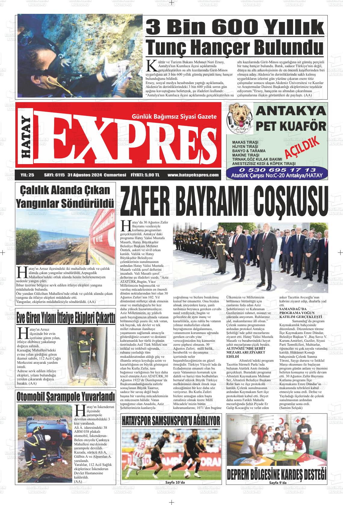 31 Ağustos 2024 Hatay Ekspres Gazete Manşeti