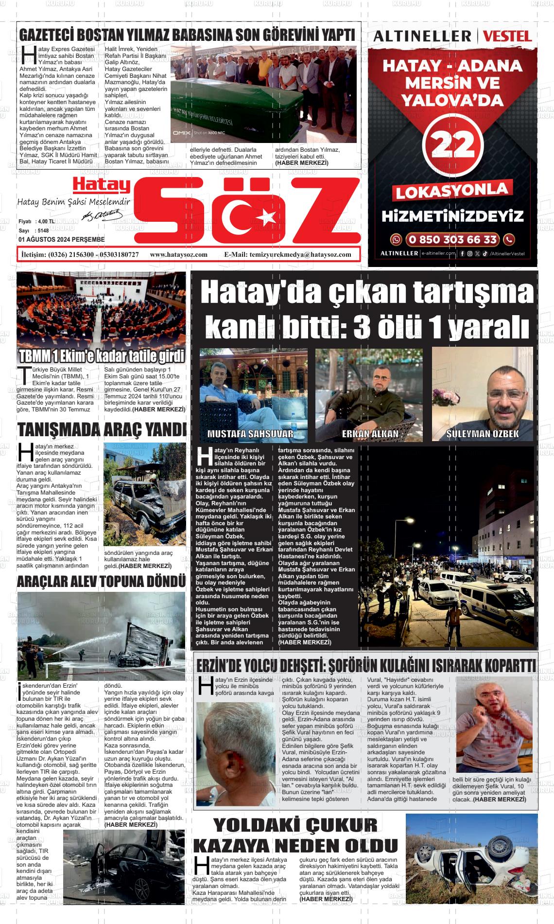 01 Ağustos 2024 Hatay Söz Gazete Manşeti