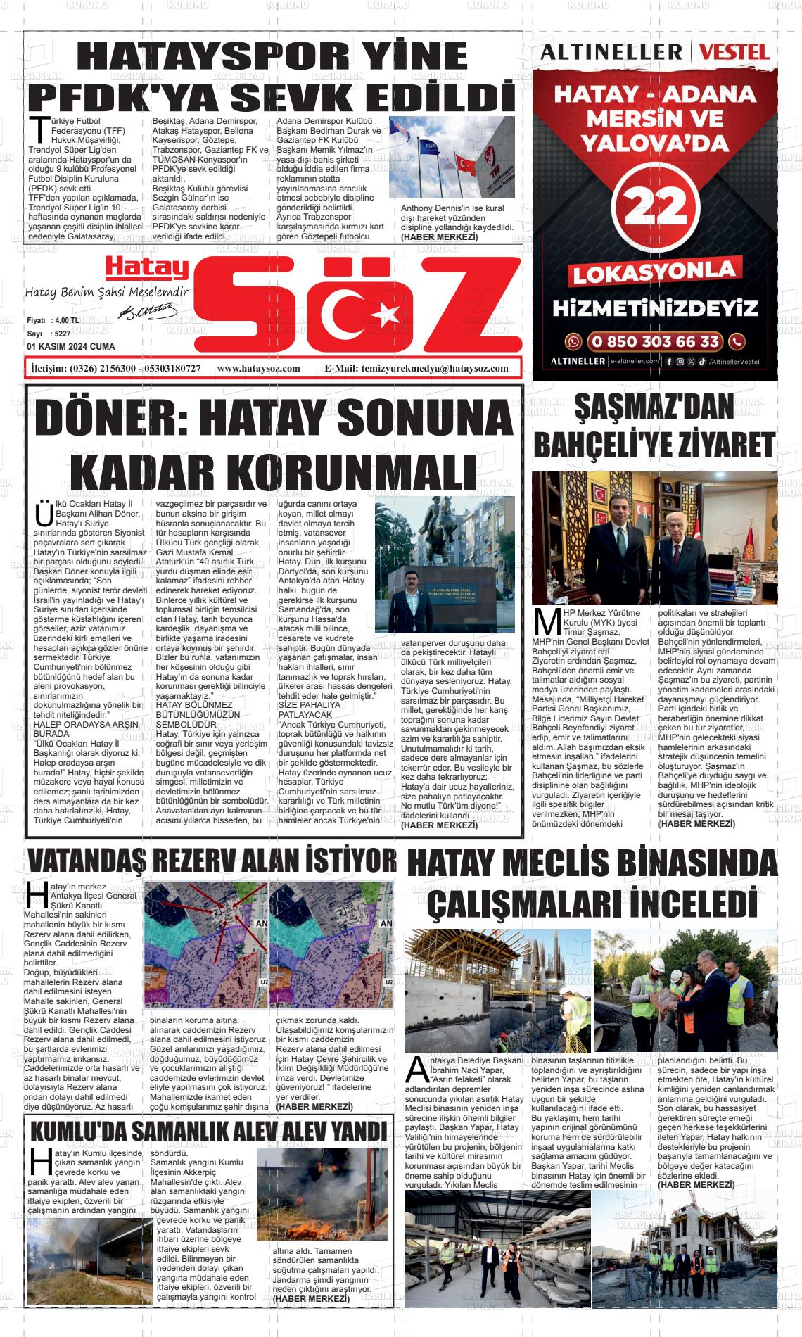 01 Kasım 2024 Hatay Söz Gazete Manşeti