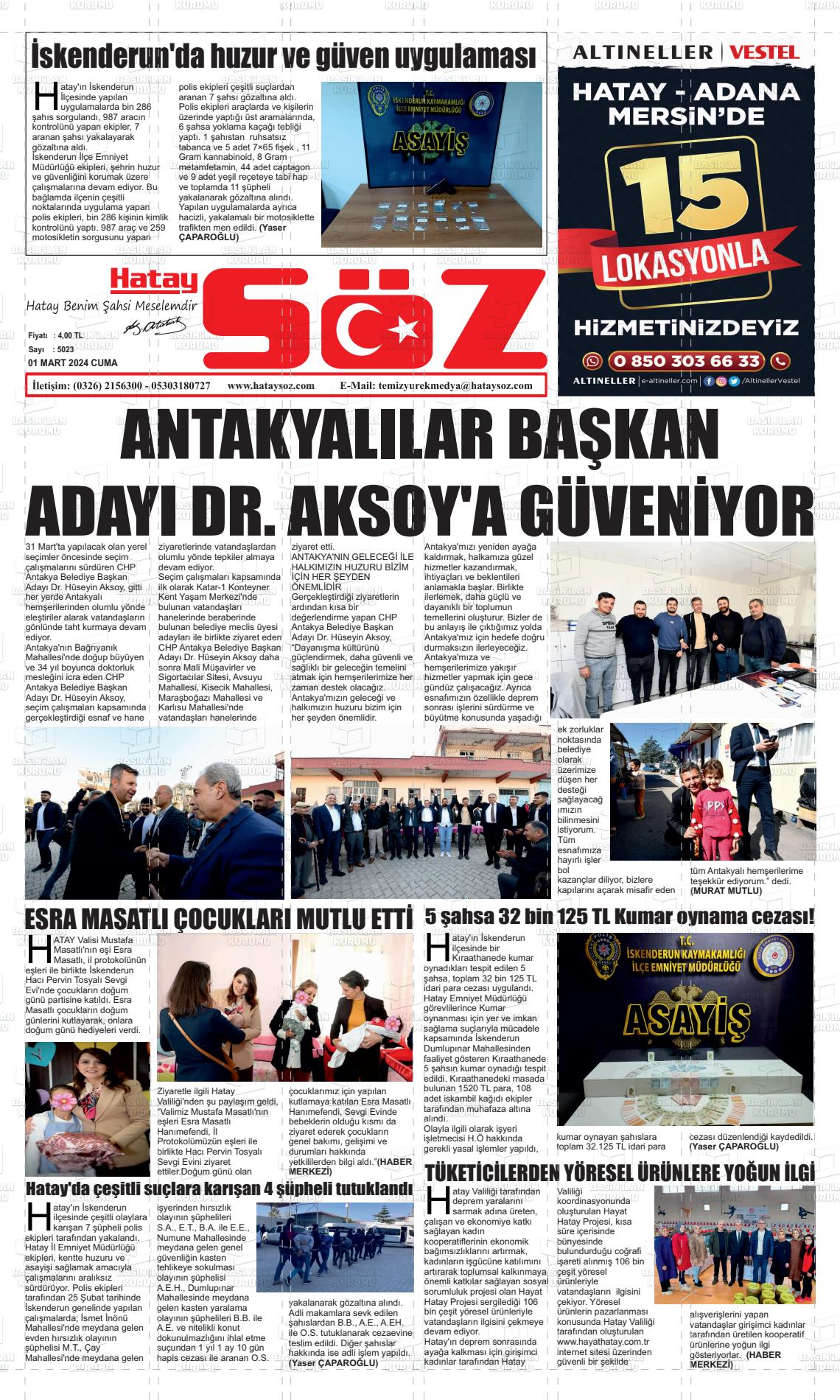 01 Mart 2024 Hatay Söz Gazete Manşeti