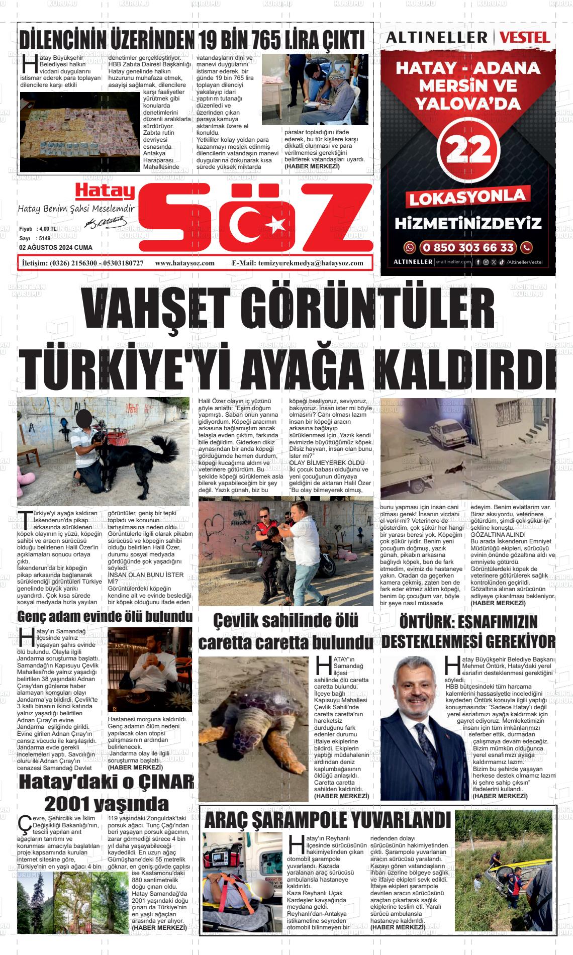 02 Ağustos 2024 Hatay Söz Gazete Manşeti